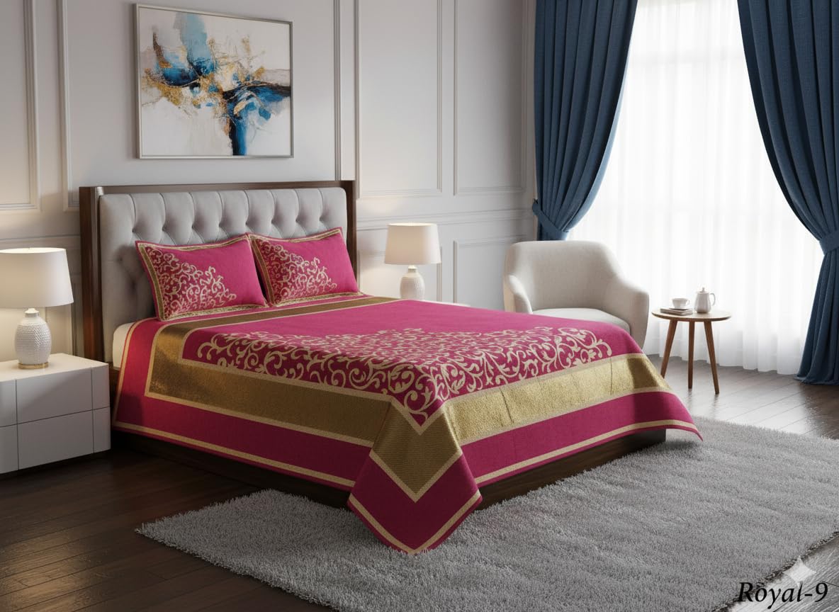 Fresh From Loom Bedsheet Cum Bed Spread For Double Bed King Size 500 Tc Absrtact Design Pink Color Chenille Velvet Printed Bed C