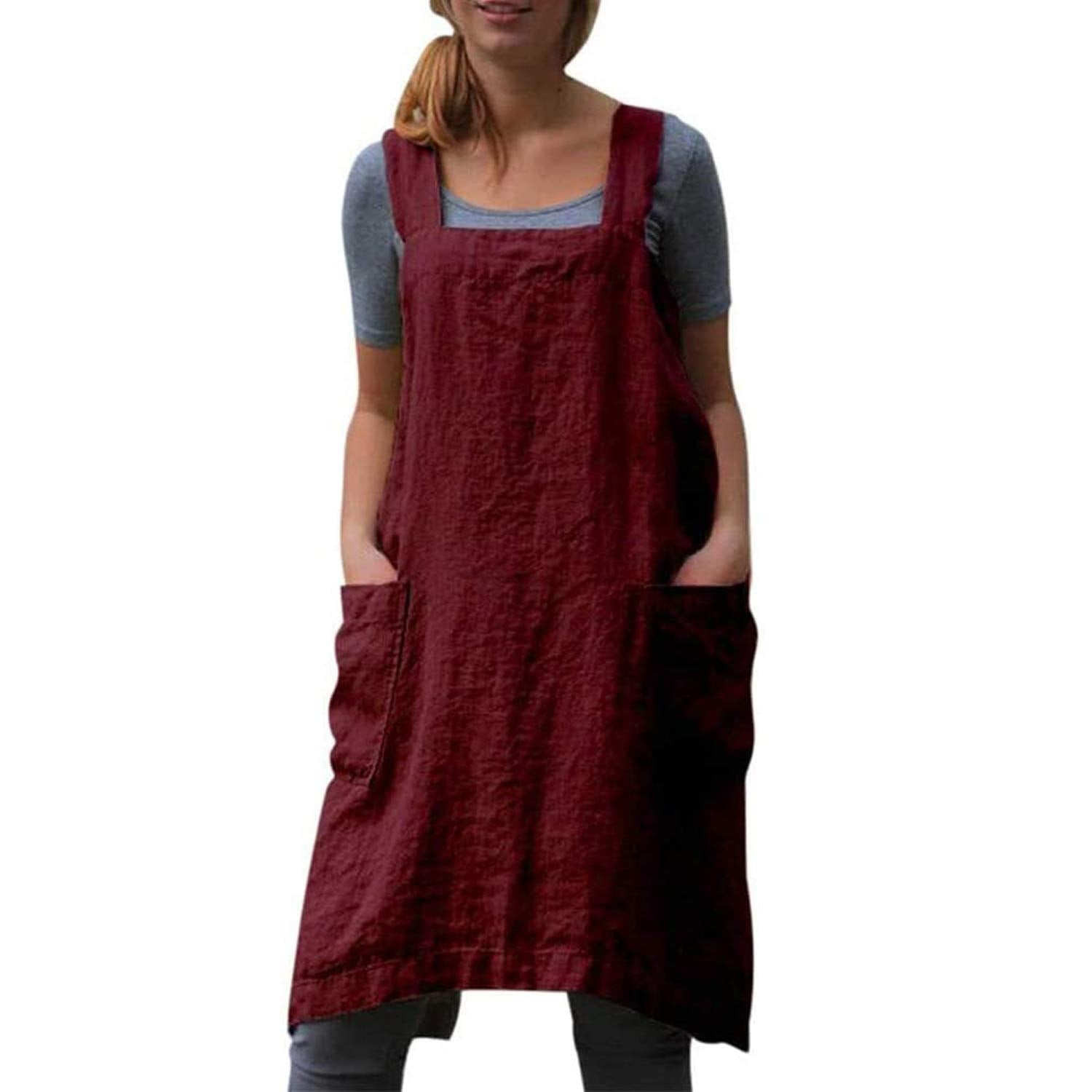 Yesdoo Cotton Linen Apron Cross Back Apron For Women With Pockets Pinafore Dress For Baking Cooking,Red,Medium