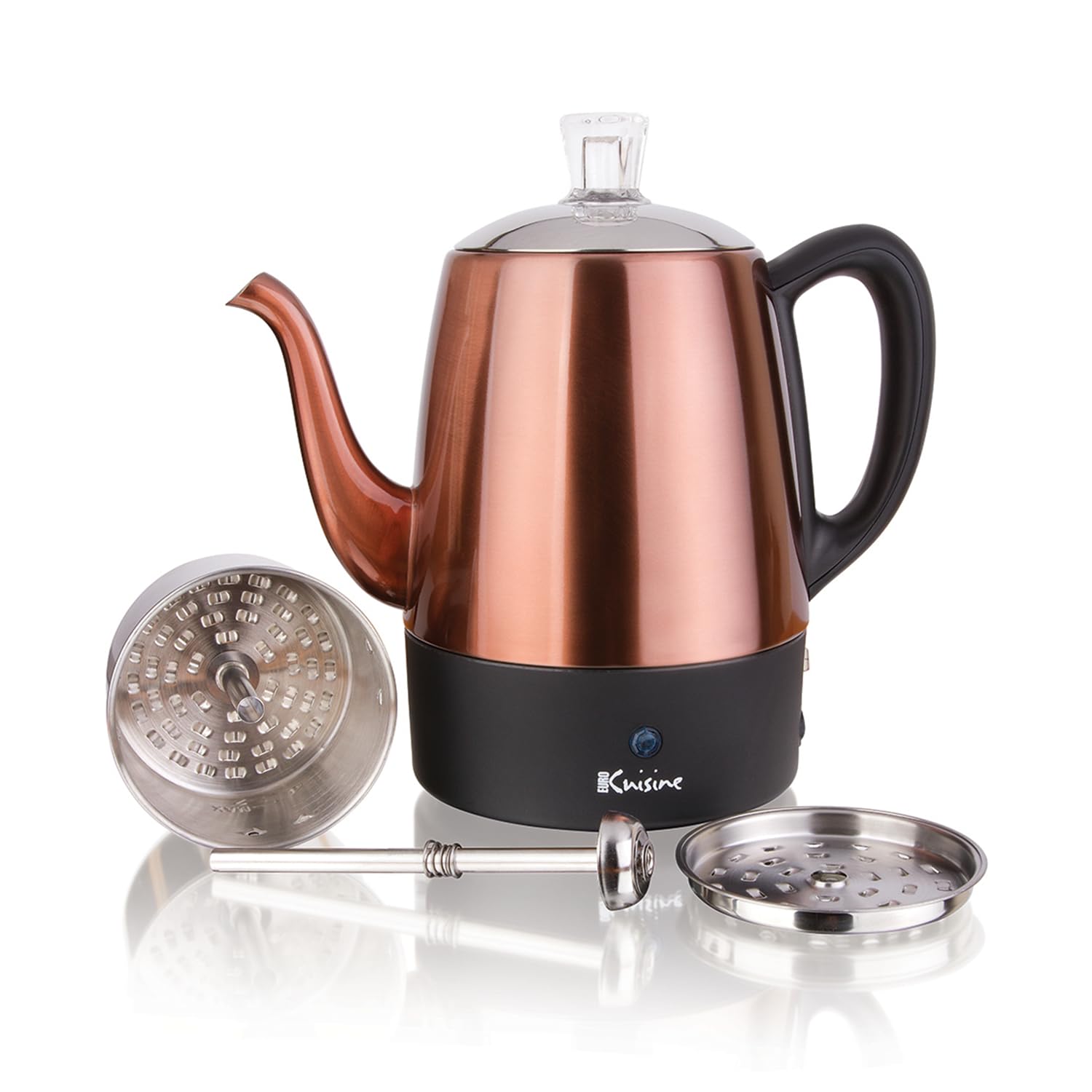 Euro Cuisine Per04 Stainless Steel Electric Coffee Percolator, 4 Cup, Polished Copper Finish, Dripless Gooseneck Spout, Clear Gl