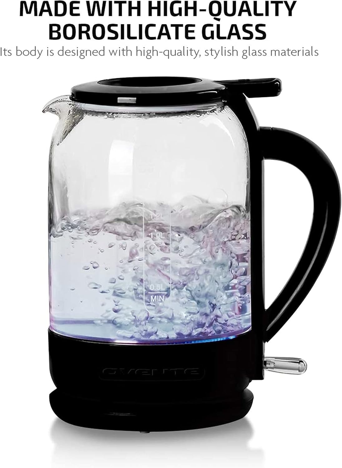 Ovente Electric Glass Kettle 1.5 Liter 1500W Instant Hot Water Boiler Heater With Prontofill Tech, Boil-Dry Protection, Automati