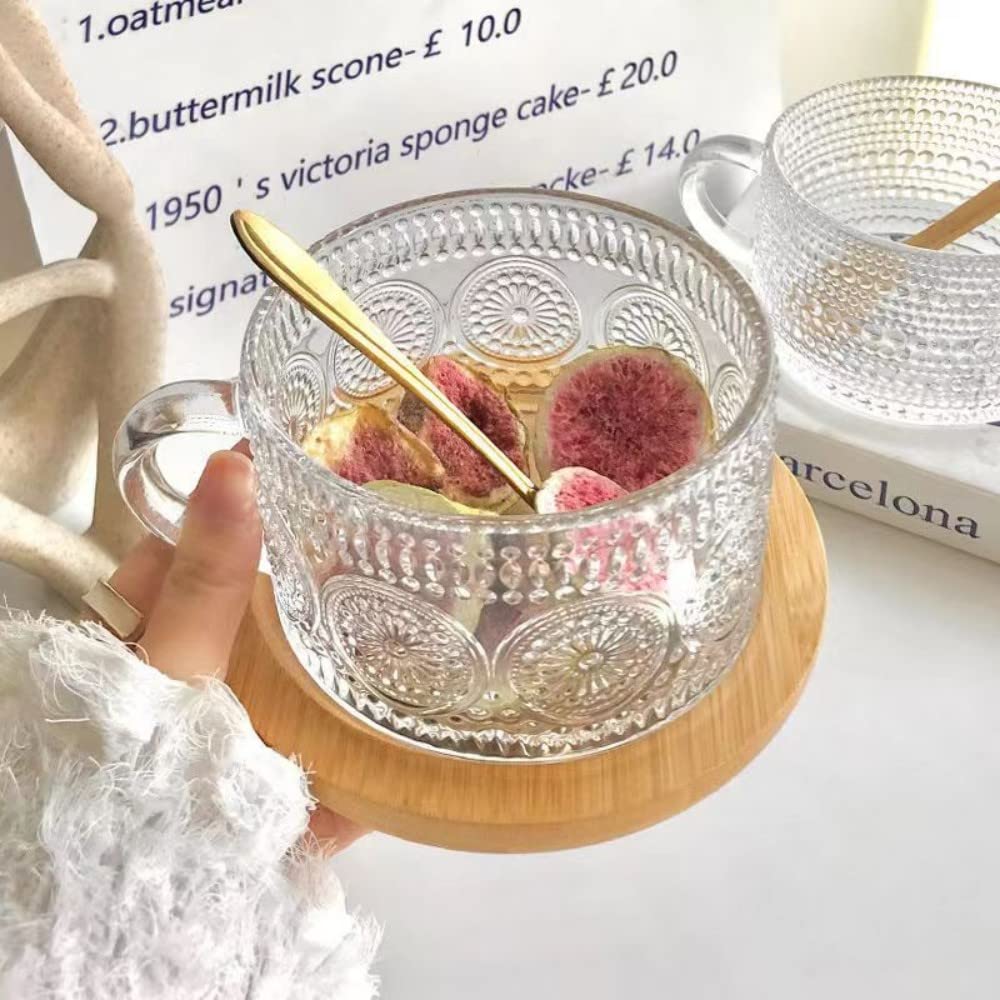 Amzcku Vintage Coffee Tea Cups, Glass Mugs 14 Oz Set Of 2 Embossed Glassware With Handle, For Cappuccino, Latte, Cereal, Yogurt,