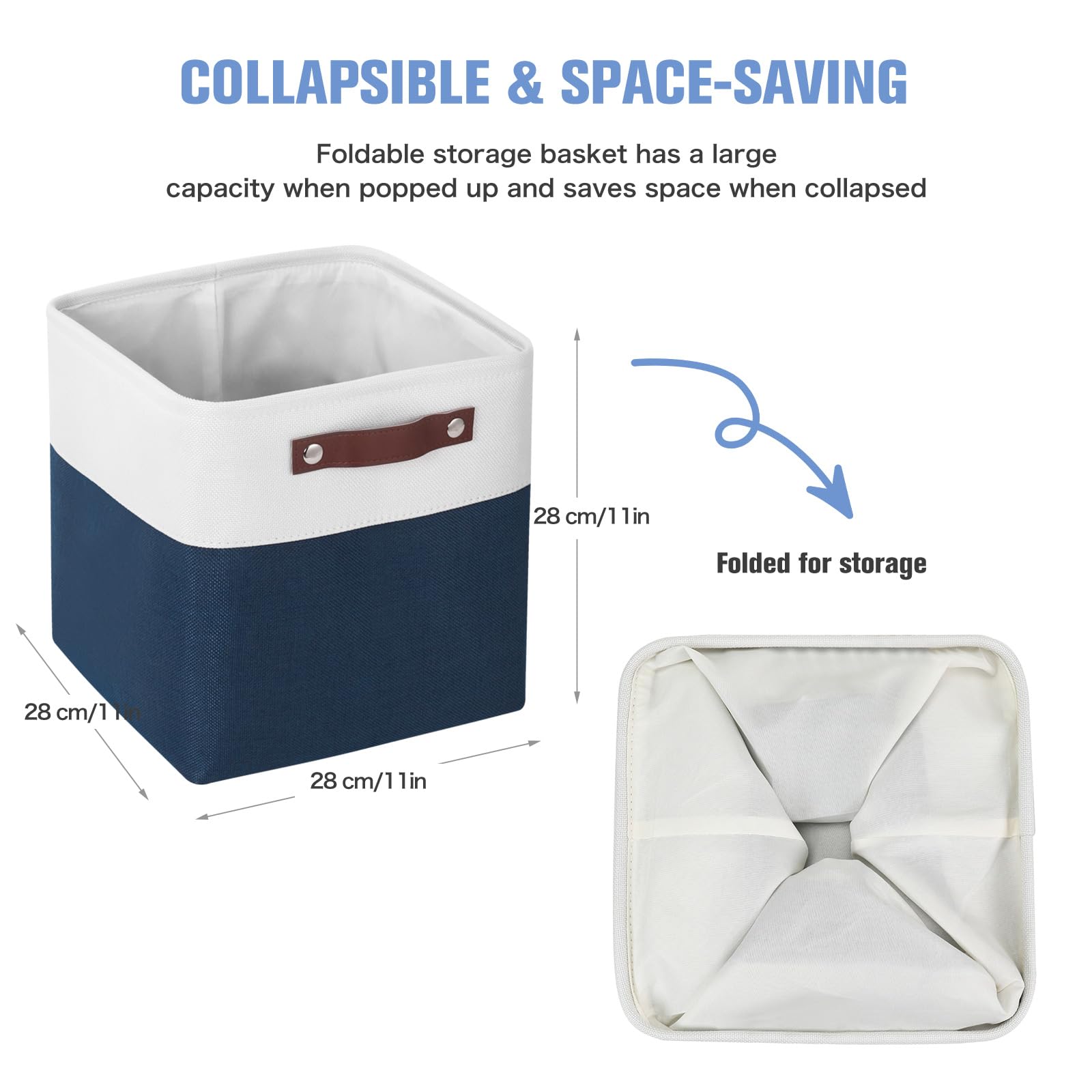Finishingbo Cube Storage Baskets 6 Pack, 11X11 Inch Foldable Cube Storage Bins With Leather Handles For Shelf Closet Nursery Toy