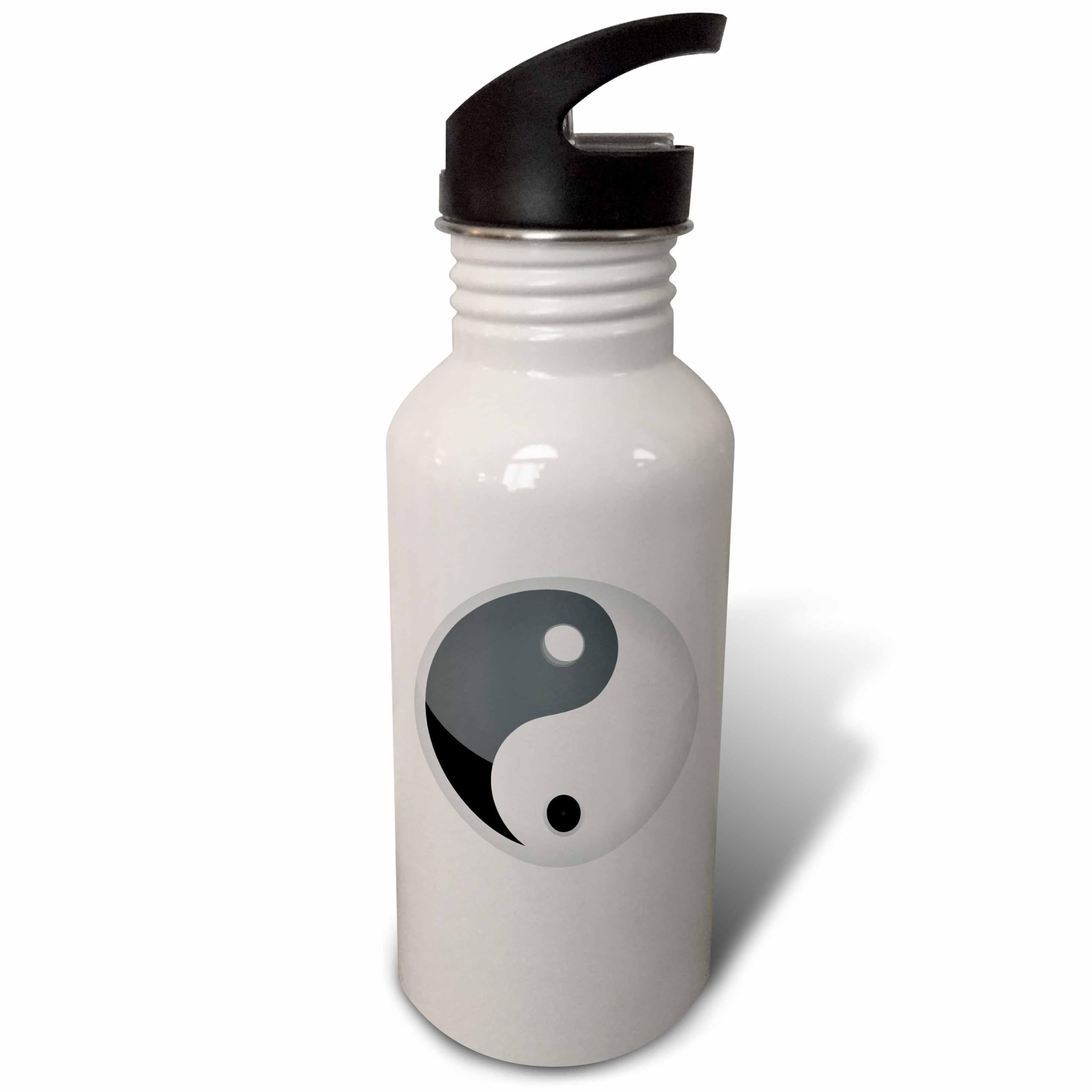 3dRose Black and Yin and Yang Sign Sports Water Bottle, 21 oz, White