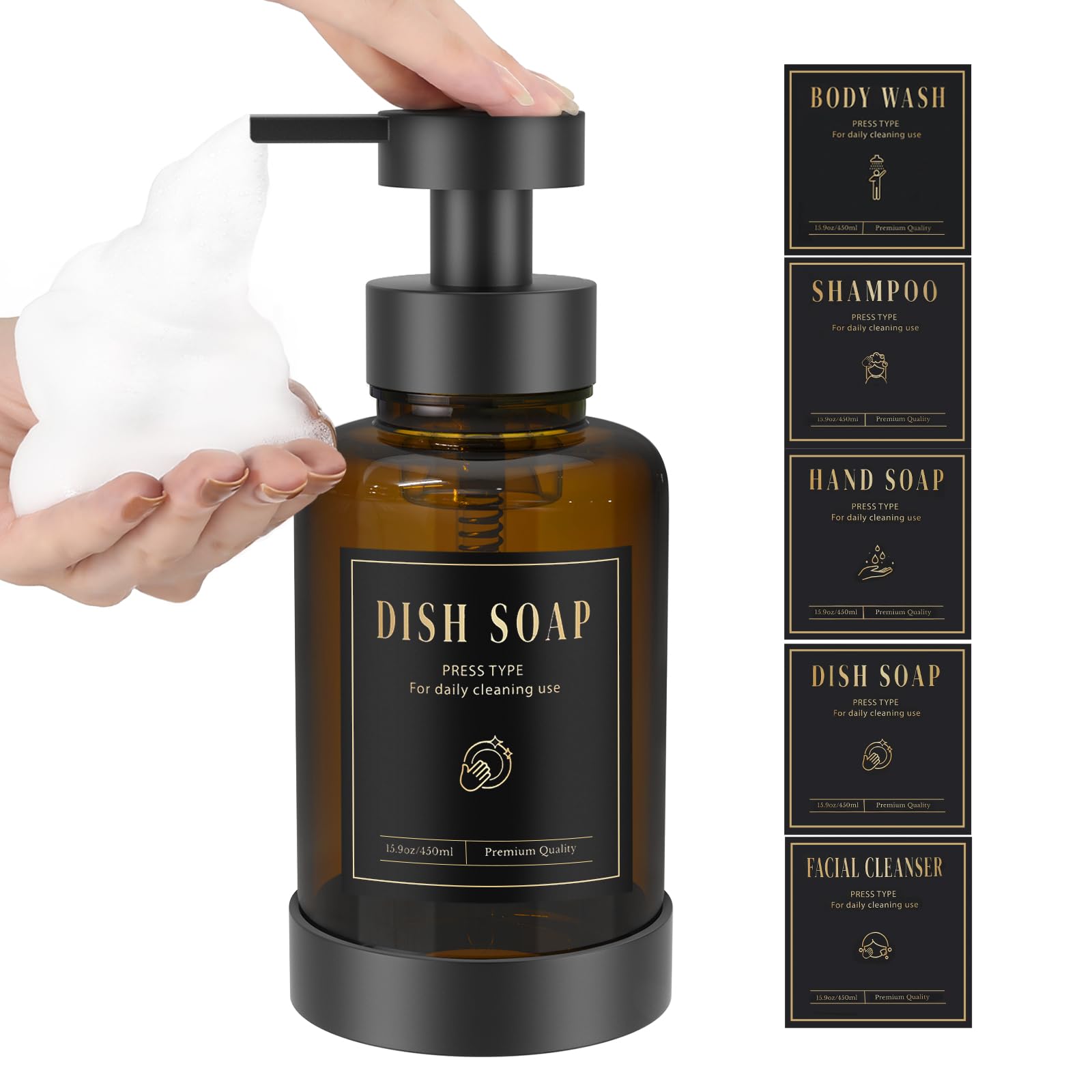Luxspire Foaming Soap Dispenser, Glass Foam Pump Soap Dispenser, Non-Slip Silicone Sleeve & 5 Waterproof Labels, 15 Oz Refillabl