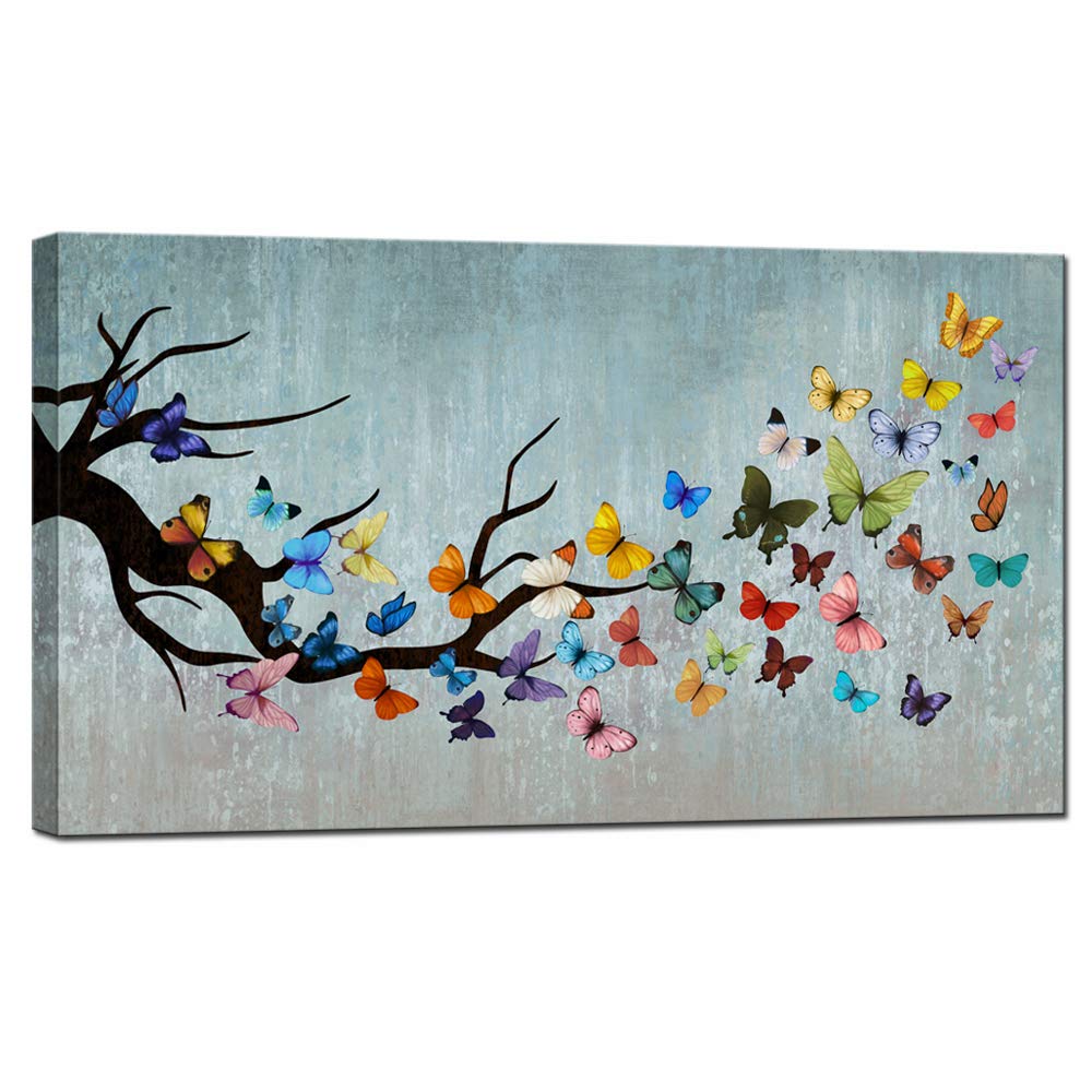 Sechars Vintage Wall Art Canvas Colorful Butterfly On Teal Background Paintings Art Prints Butterflies Artwork Framed For Home B