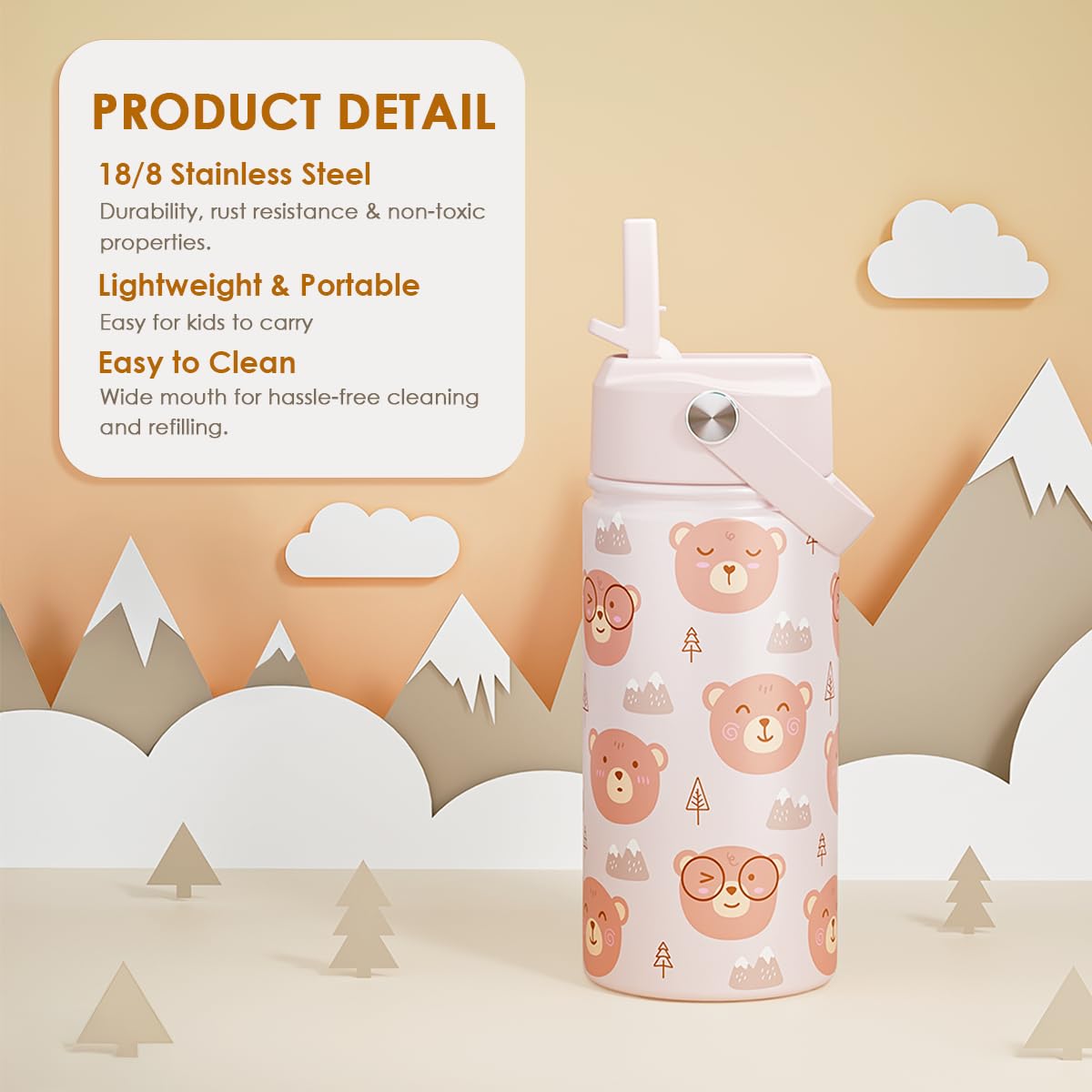 SANDJEST Bear Kids Water Bottle With Straw Lid 12oz Insulated Stainless Steel, Travel Tumbler, Bear Gifts For Boys Girls, Birthd