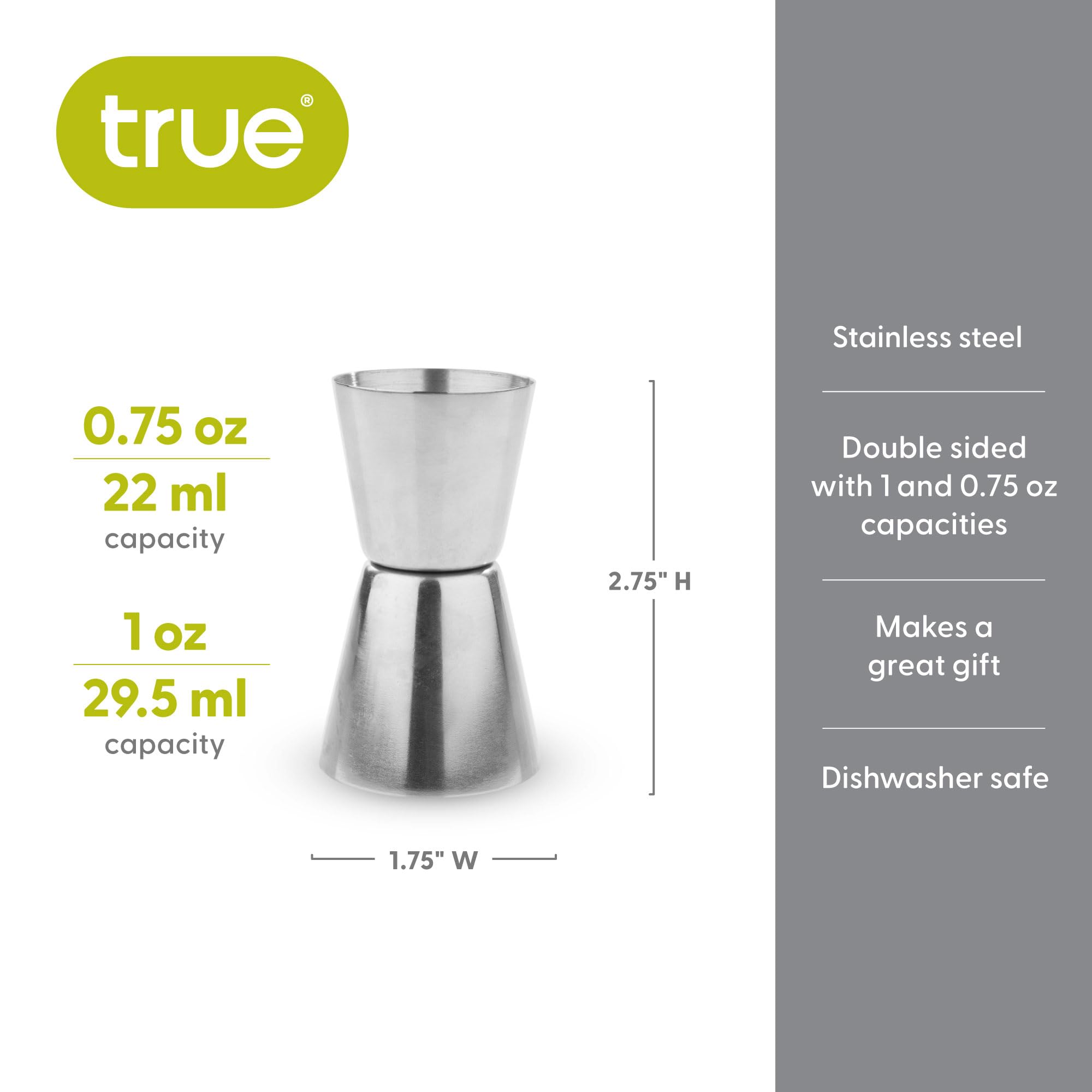 True Dual Double Jigger For Bartending, Stainless Steel Measured Jiggers, Cocktails, Mocktails, Barware, Home Bar Accessories, 1