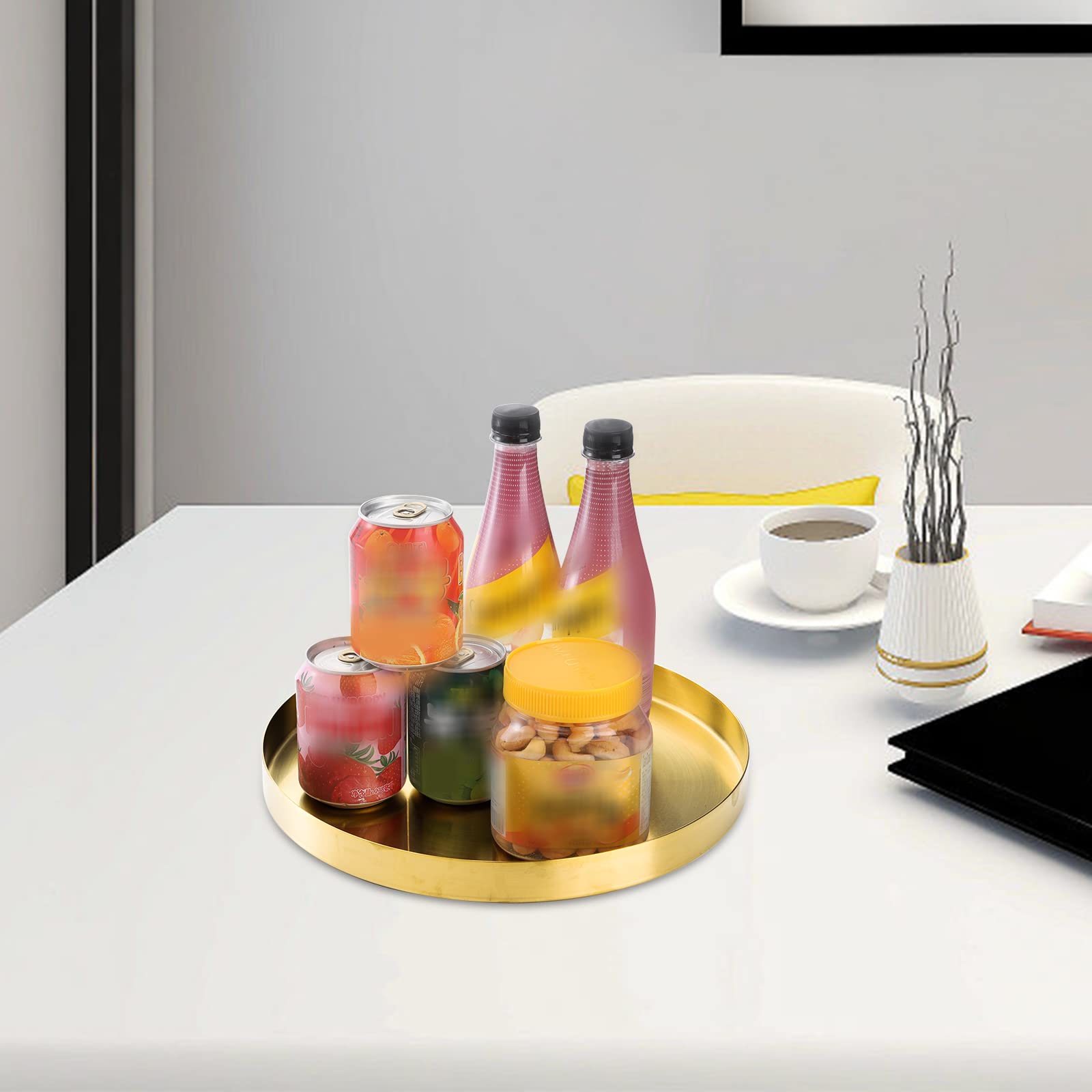 Jucoan 12 Inch Round Gold Tray, Decorative Dresser Vanity Tray Makeup Organizer For Jewelry Perfume Candle, Stainless Steel Meta