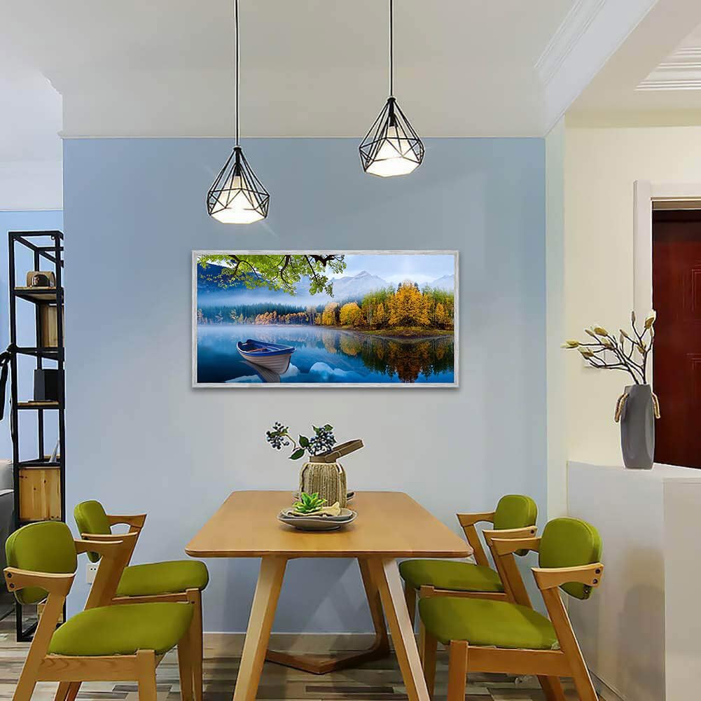 Arjun Lake Canvas Wall Art Blue Mountain Sky Nature Landscape Boat Picture Artwork Modern Scenic Painting For Living Room Bedroo