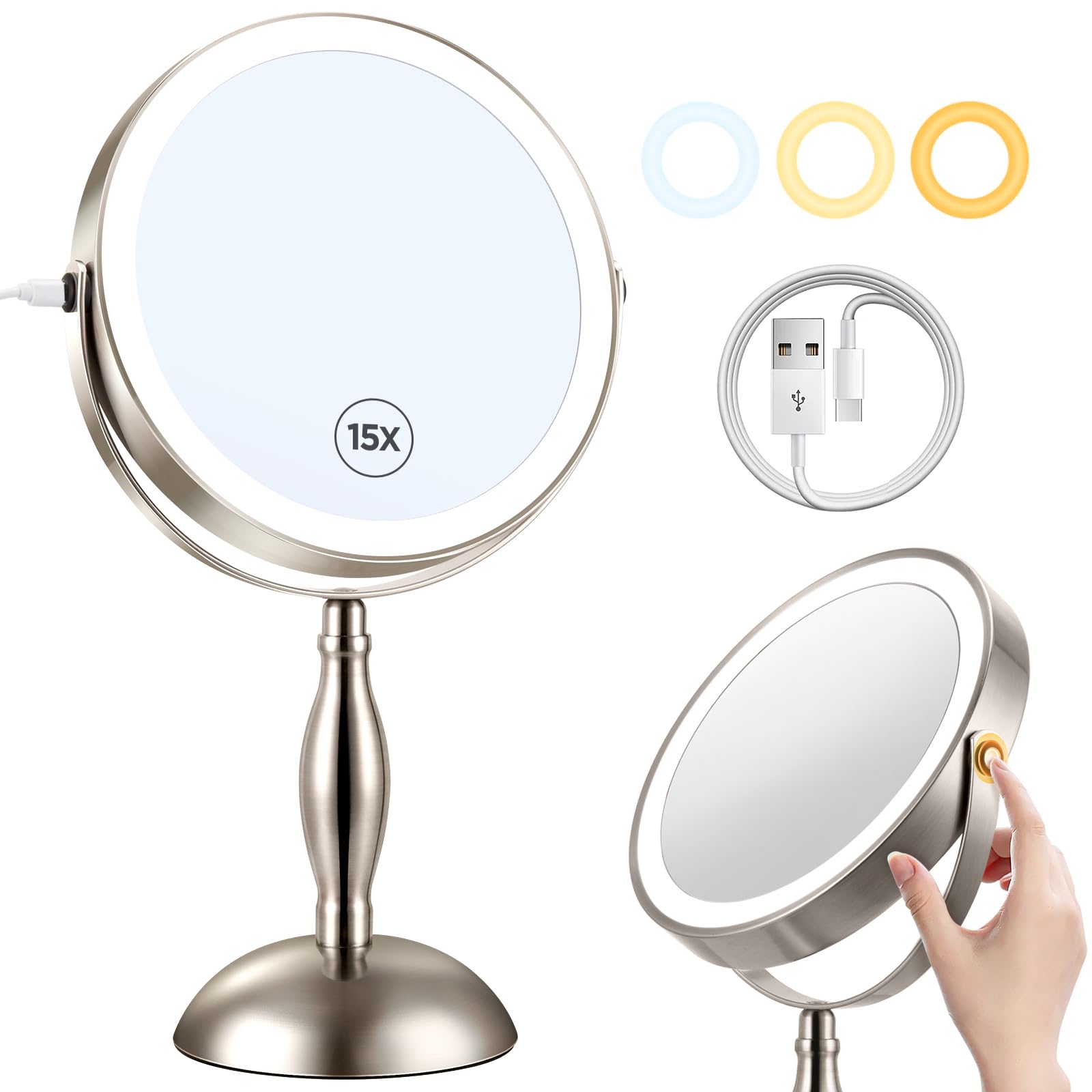 Lights Makeup Mirror, 1X/15X Nickel Magnifying Mirror With 3 Colors, 360Rotation Touch Screen & Rechargeable Double Sided, Brigh