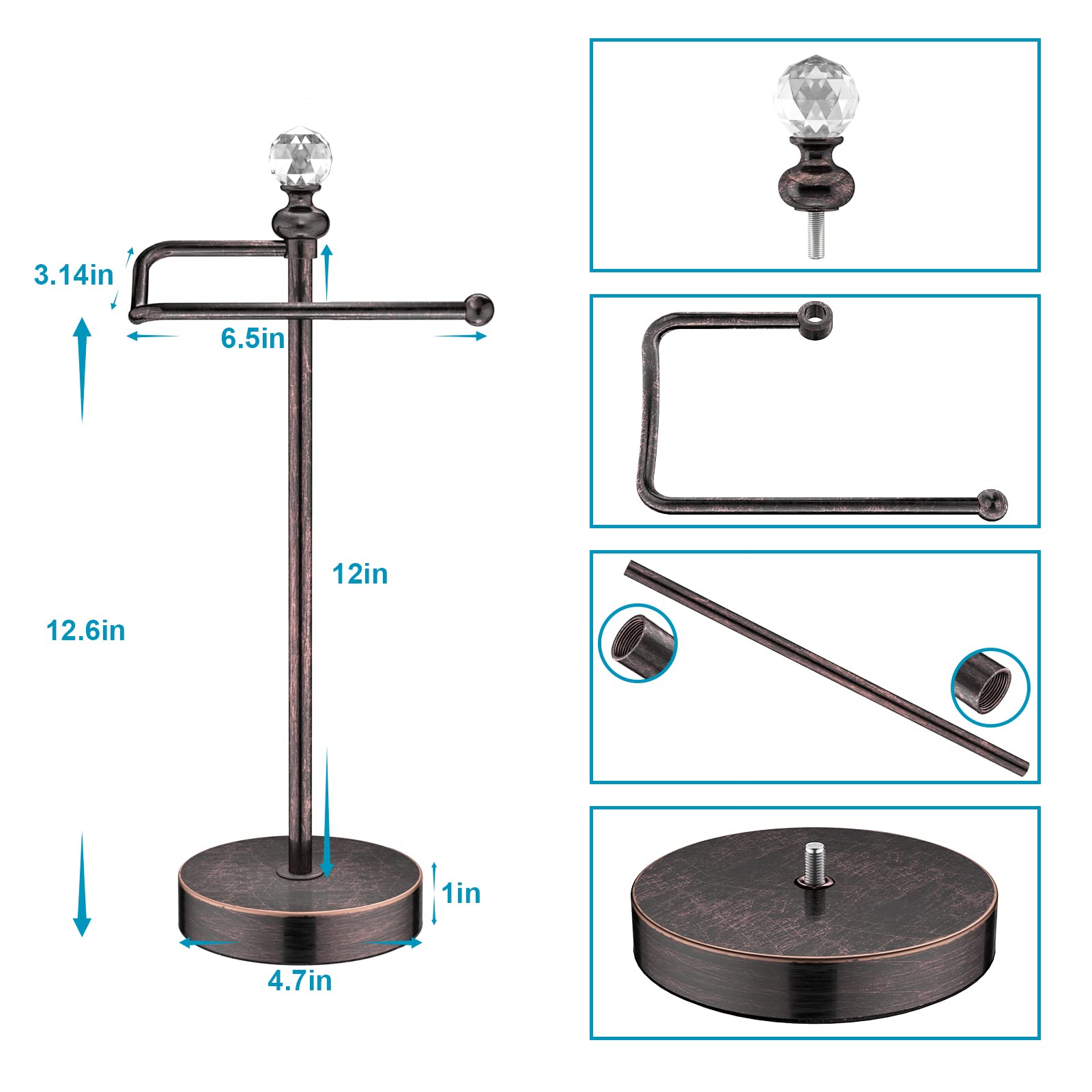 ROLABAM Heavy Weighted Hand Towel Holder(with Crystal Ball) Standing Hand Towel Holder Total Height 15.7'' for Kitchen Bathroom Vanity Classic Decorative Metal Hand Towel Stand Oil Rubbed Bronze