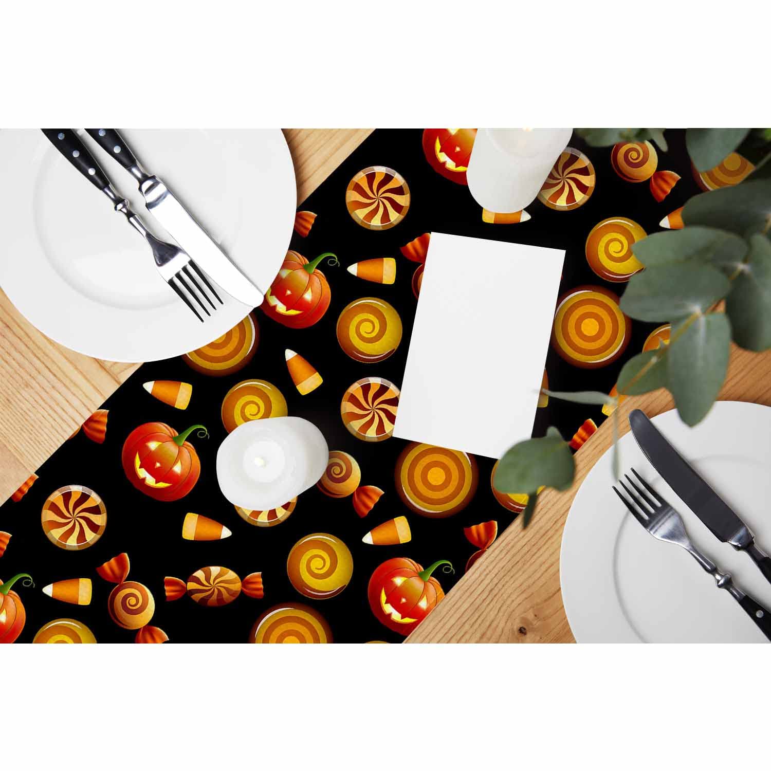 Hosnye Table Runner Halloween Sweets Candy Corn Pumpkins,Cotton Linen Table Runner Decoration For Kitchen Family Dinner Table Ho