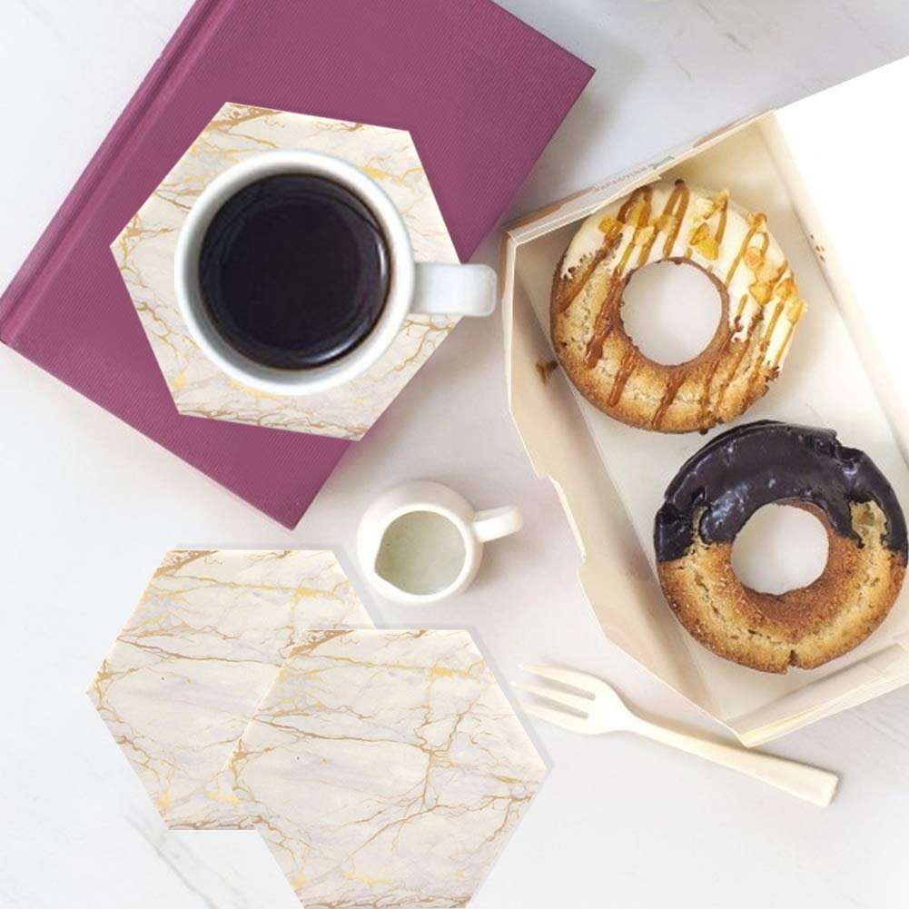 Marble Coasters For Drinks Absorbent With Cork Base, 8Pcs Drink Coasters For Wooden Table With Metal Holder, Gold Ceramic Cup Co
