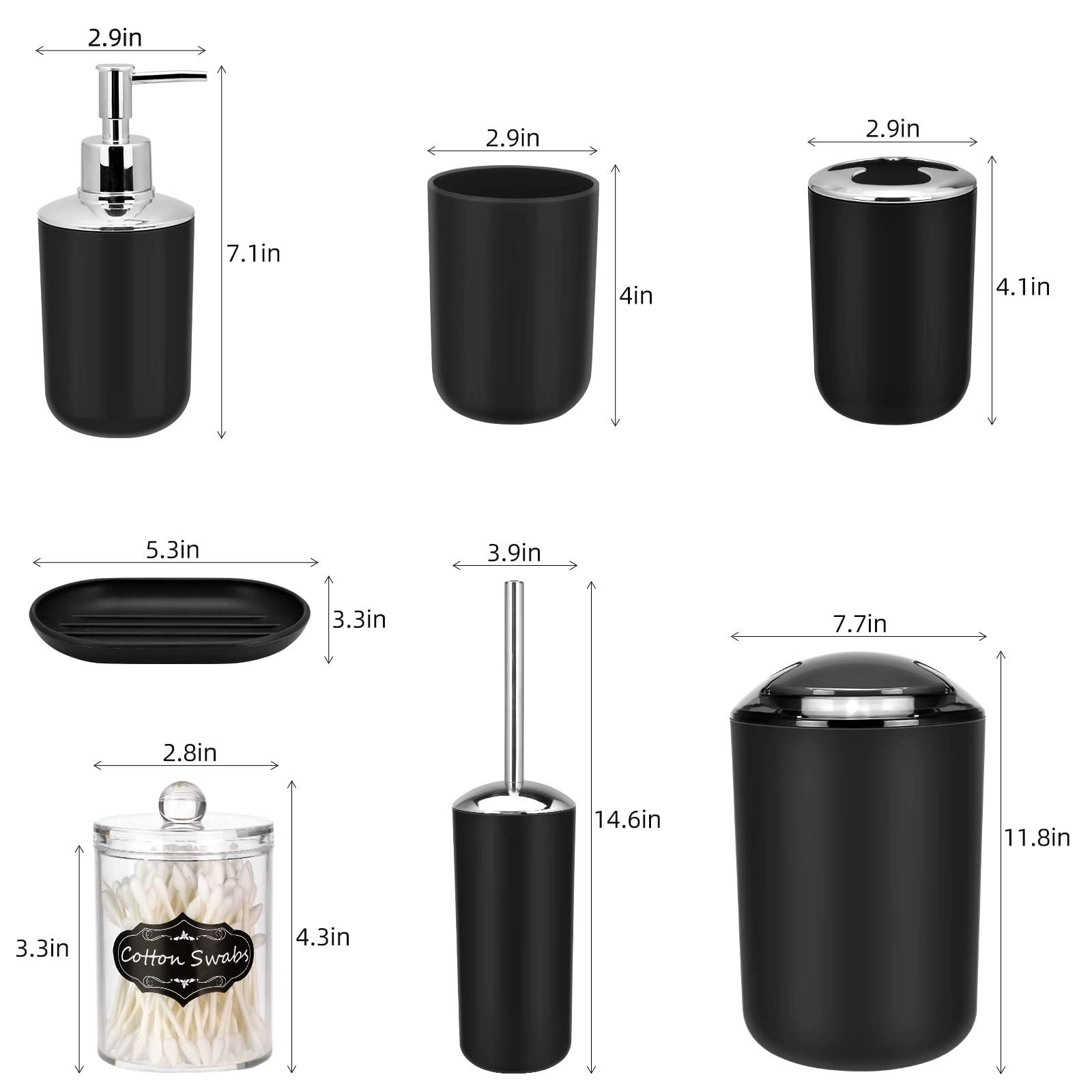 Imavo Bathroom Accessory Set - 8 Pcs Black Bathroom Accessories Set With Trash Can, Soap Dispenser, Soap Dish, Toothbrush Holder