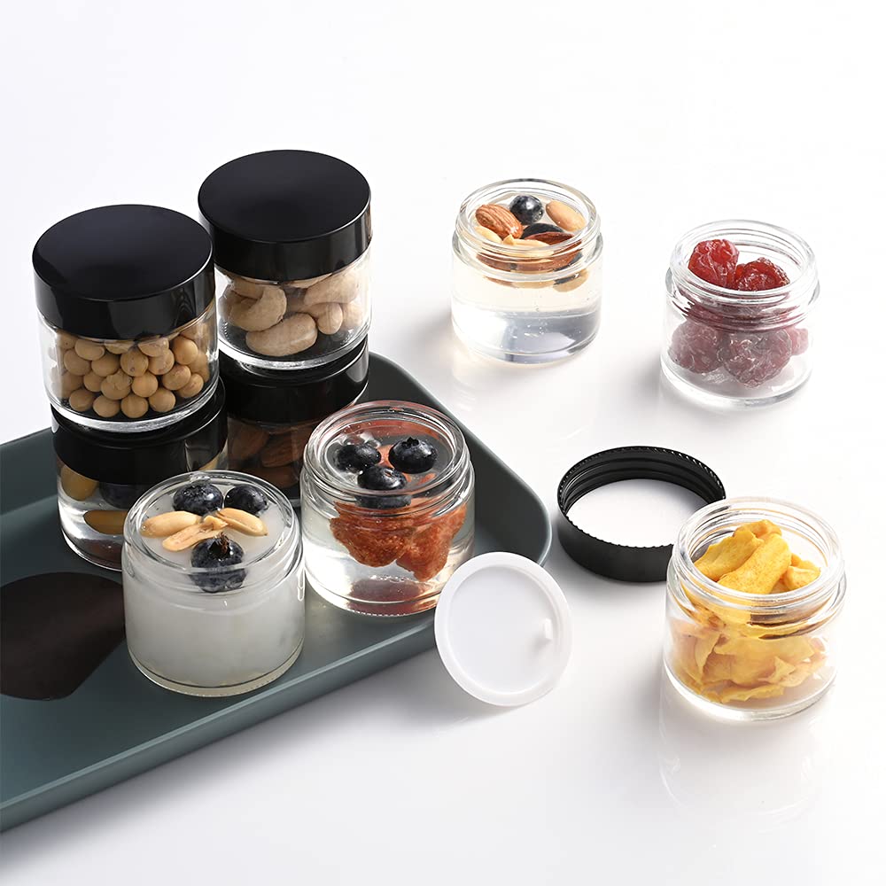 2 Oz Round Clear Glass Jars, Bumobum 70 Pack Cream Jars With Black Lids, Black And White Labels & Inner Liners, Empty Cosmetic C
