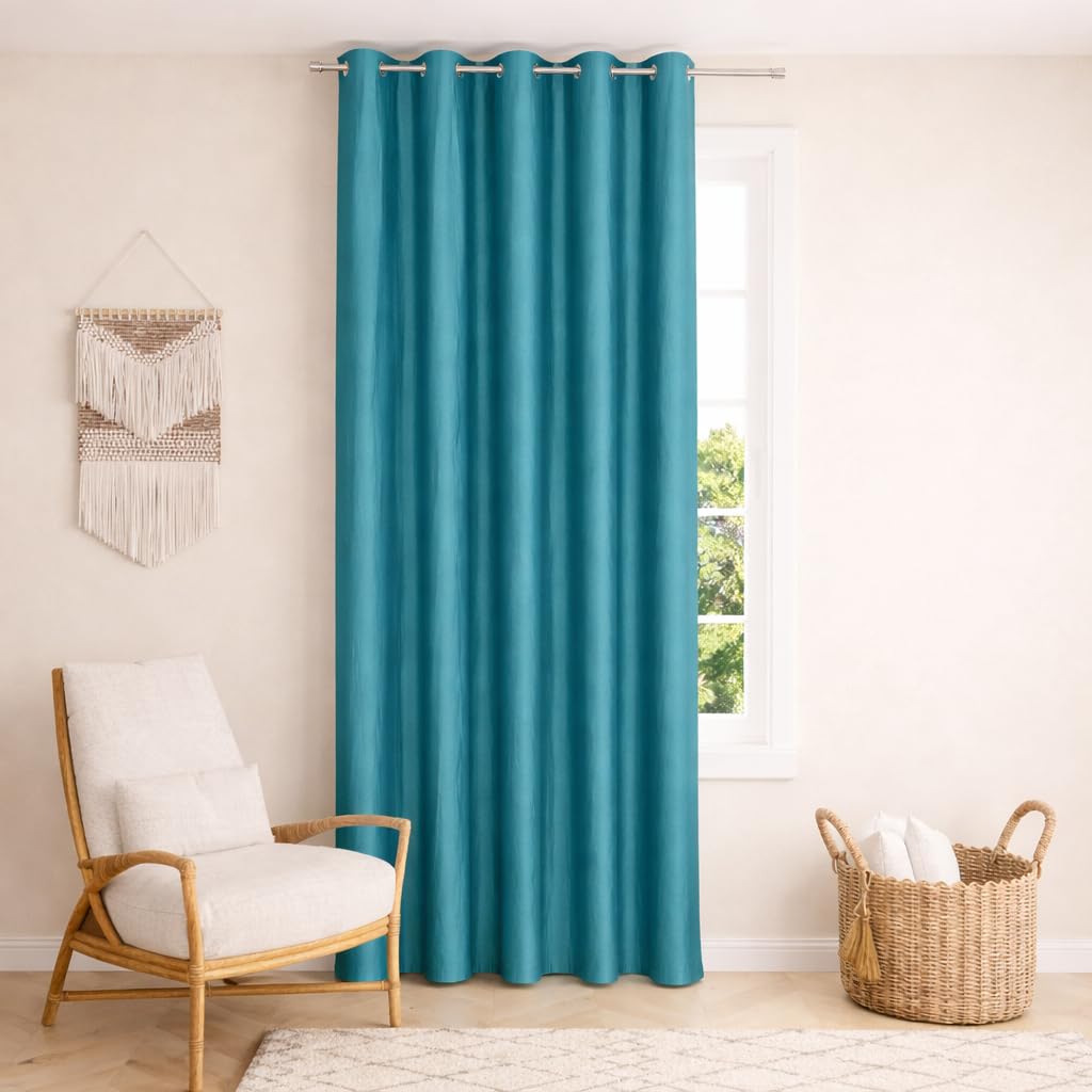 Decoholic Aqua Polyester Door Curtain 10 Feet | Darkening Faux Texture Plain Drape With Eyelets | Pack Of 1 Panel For Living Roo