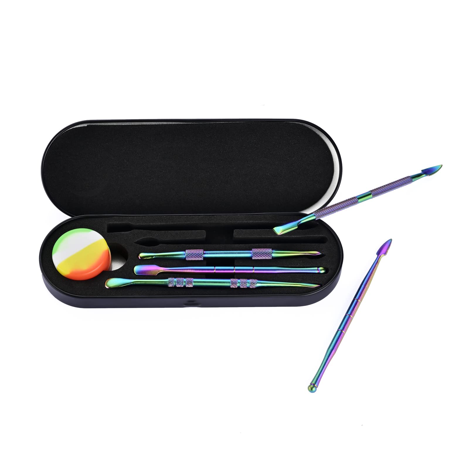 Beitoo 6-Pieces Wax Carving Tool Set Rainbow Stainless Steel Collecting Accessories With 5Ml Silicone Containers Jar