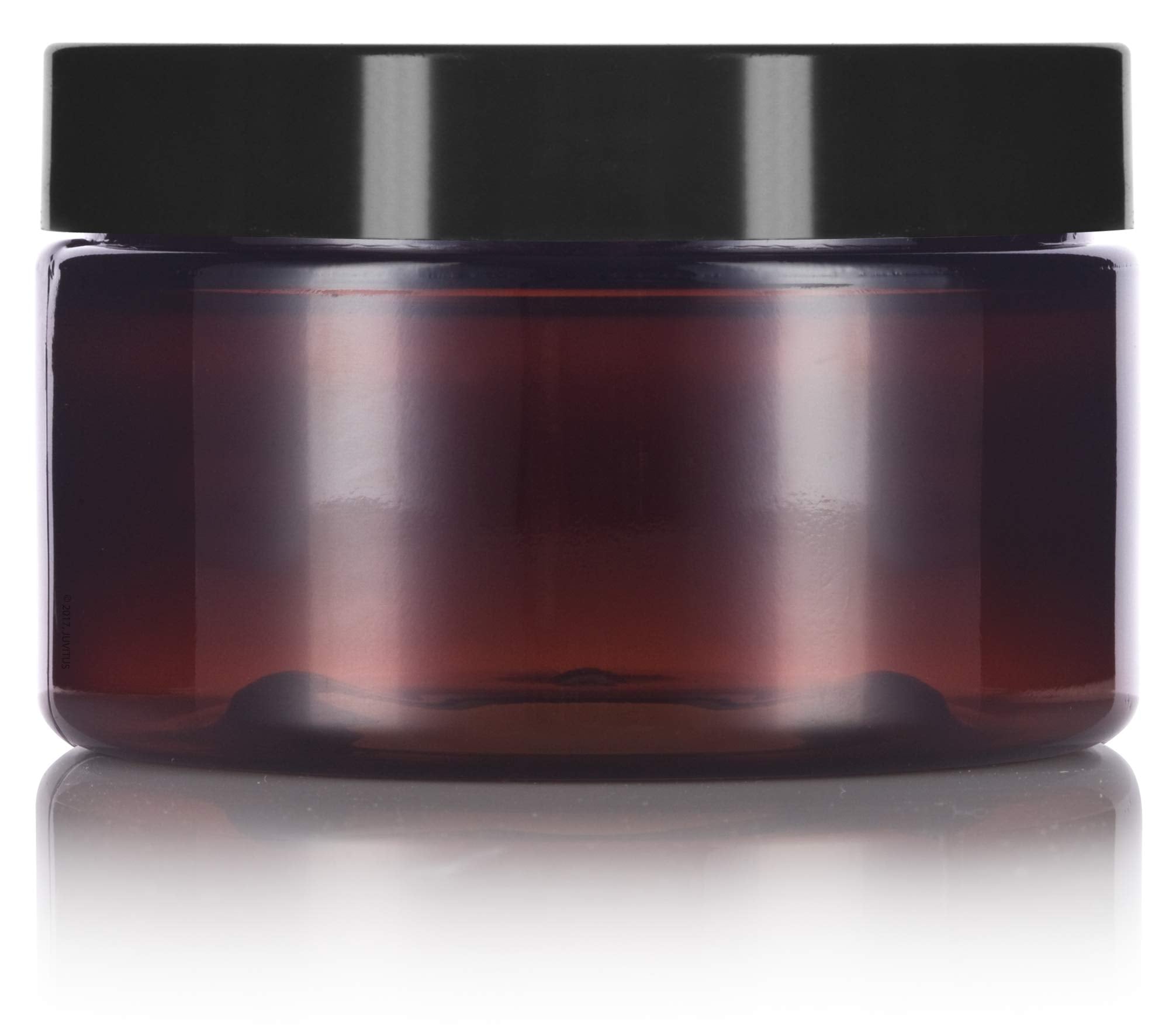 2 Oz Amber Pet Plastic Refillable Low Profile Jar With Black Smooth Lid (12 Pack)