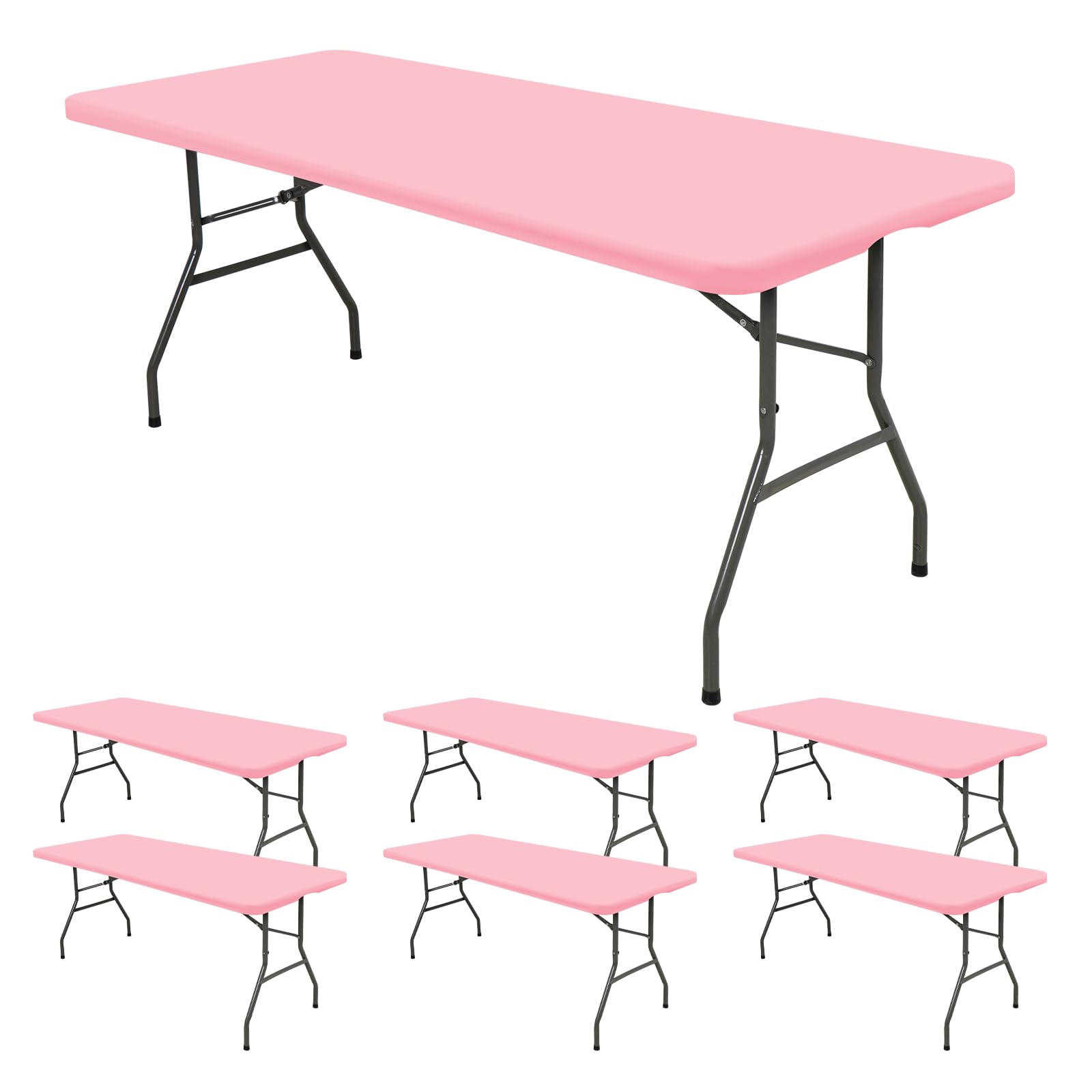 6 Pack Fitted Tablecloth for 8 Foot Rectangle Tables, Pink Elastic Outdoor Picnic Table Cover, Washable Stretch Folding Table Cl
