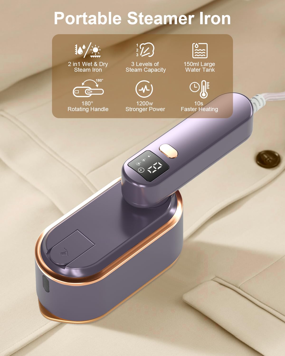 Travel Steamer Iron for Clothes - 1200W Handheld Size Portable Travel Steamer, 3 Steam Levels Clothes Steamer with LCD Screen, 1
