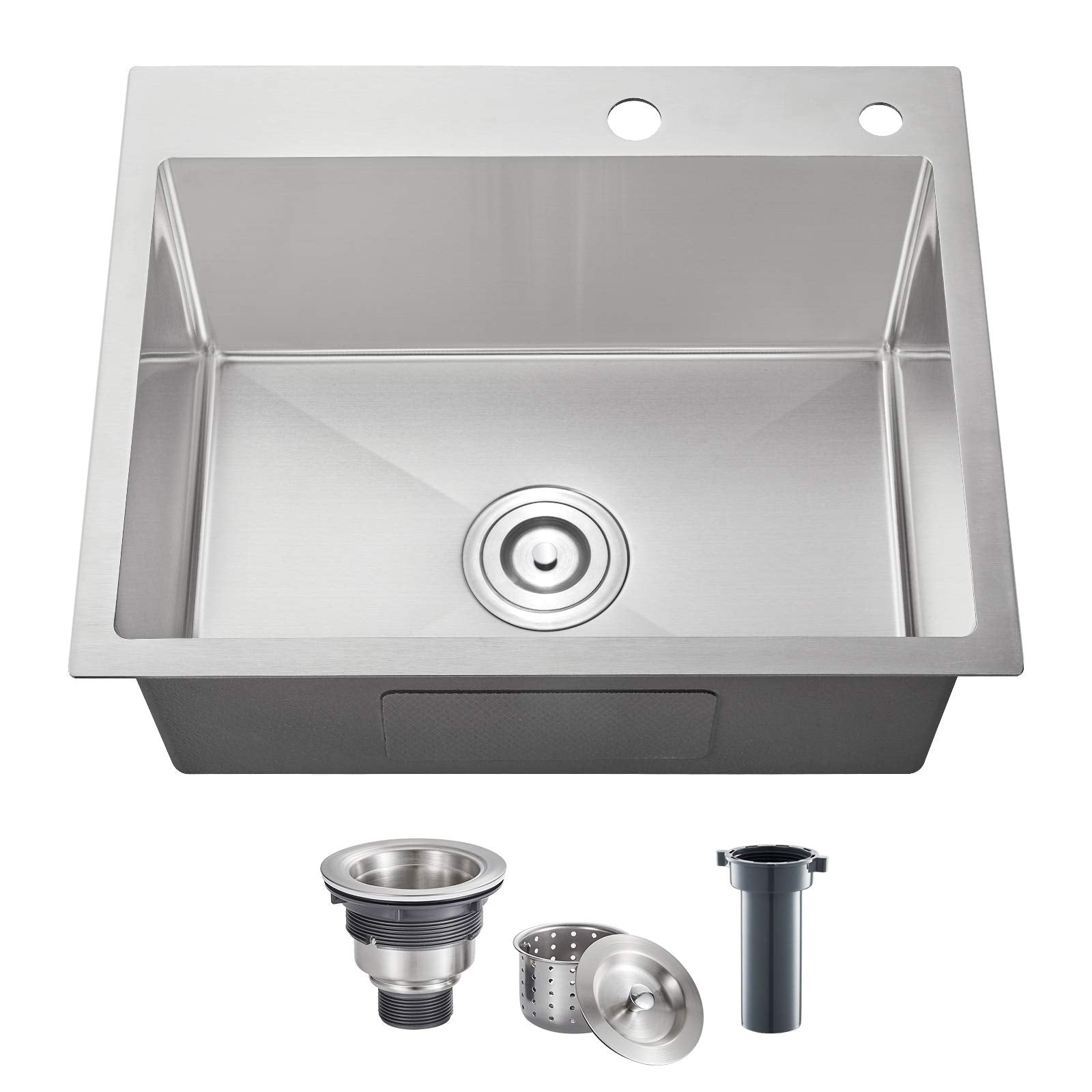 Rovogo 24 X 18 Inches Drop-In Kitchen Sink Single Bowl With 2 Holes, 304 Stainless Steel Handmade Residential Sink With Drain Ki