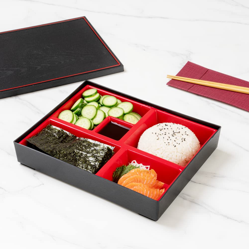Restaurantware Bento Tek Rectangle Black & Red Large Japanese Style Bento Box - 5 Compartments - 12 1/4'' X 9 3/4'' X 2 1/4'' -