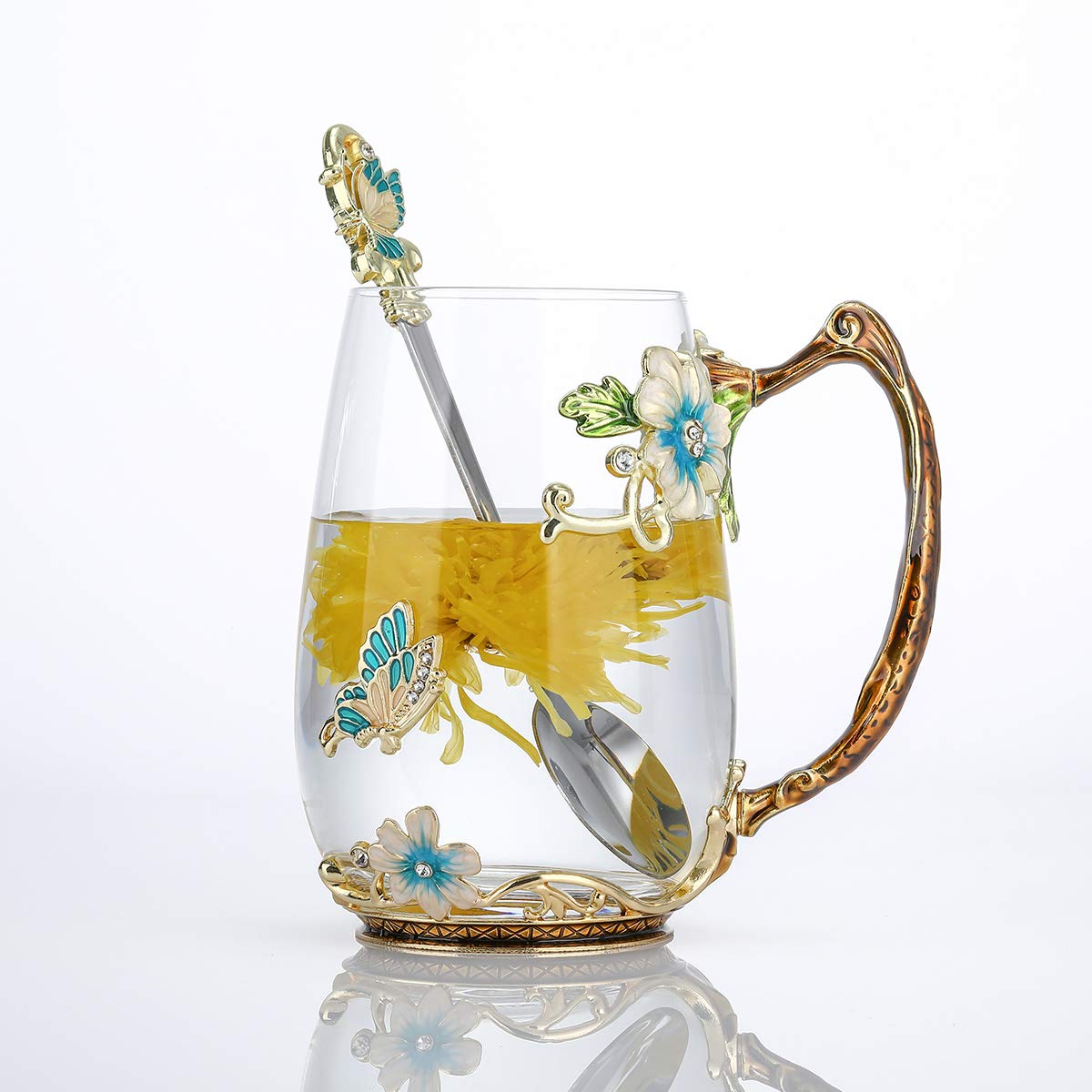 Luka Tech Enamel Butterfly flower Glass Mug with Spoon, Gifts For Women Wife Mom Friends Birthday Mothers Valentines Day Christm