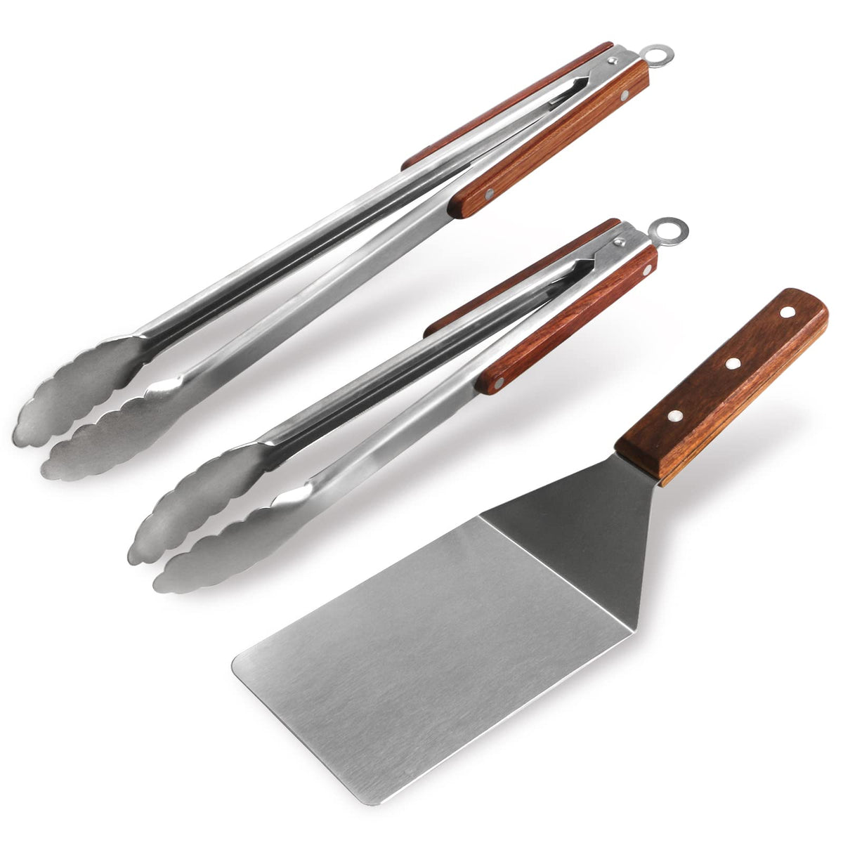 Tongs And Spatula Set Of 3, Heavy Duty Stainless Steel Kitchen Tongs 12''/16'' & Metal Spatula 4 X 5.5 With Wood Handle For Bbq