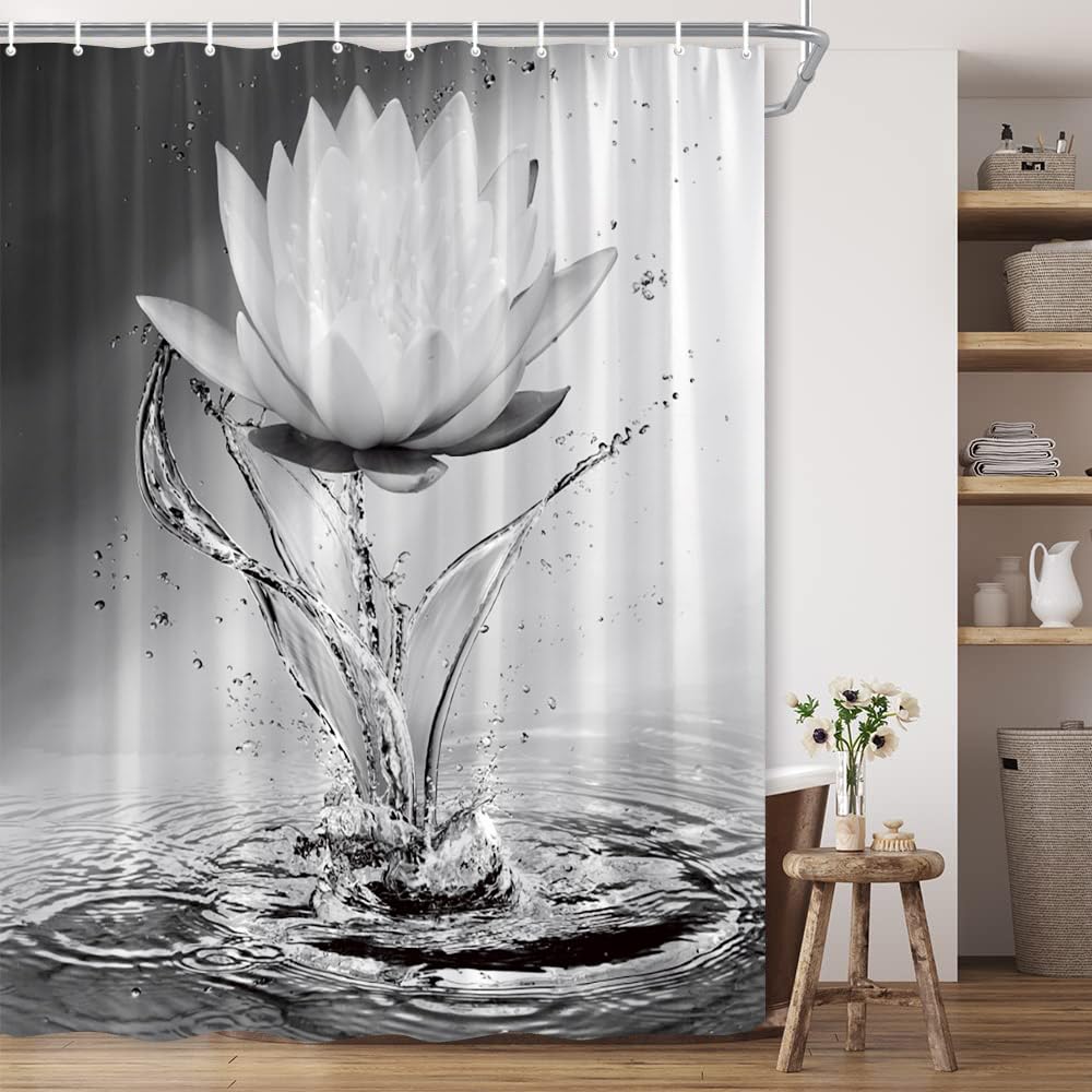 Bcnew Lotus Shower Curtain Black White Grey Flower Elegant Blooming Floral With Dew Spring Flower Reflection On Water Modern Rom