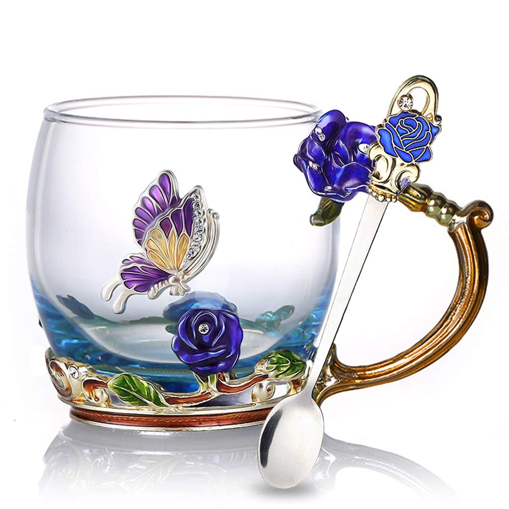 Kaiyuan Dynasty Tea Cup Glass Coffee Mugs Enamel Rose Flower Butterfly Drinking Cups with Spoon Set for Birthday Wedding Blue Ro