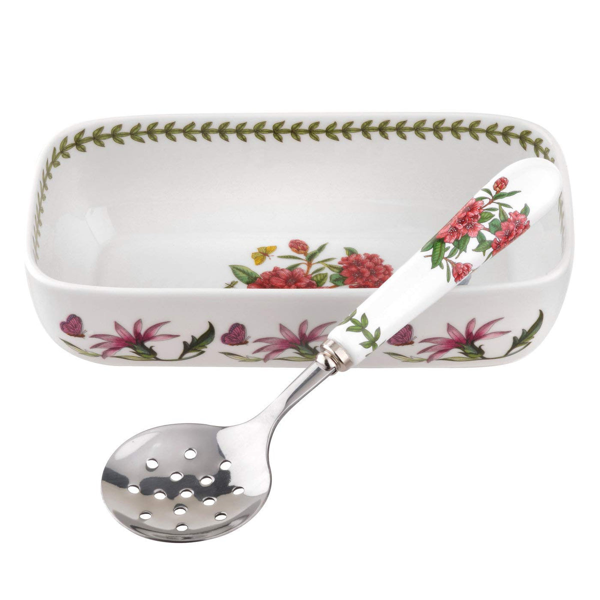 Portmeirion Botanic Garden 2-Piece Set | 8''X 4.25'' Sauce Dish With 4.25'' Slotted Spoon | Rhododendron Motif | Fine Porcelain