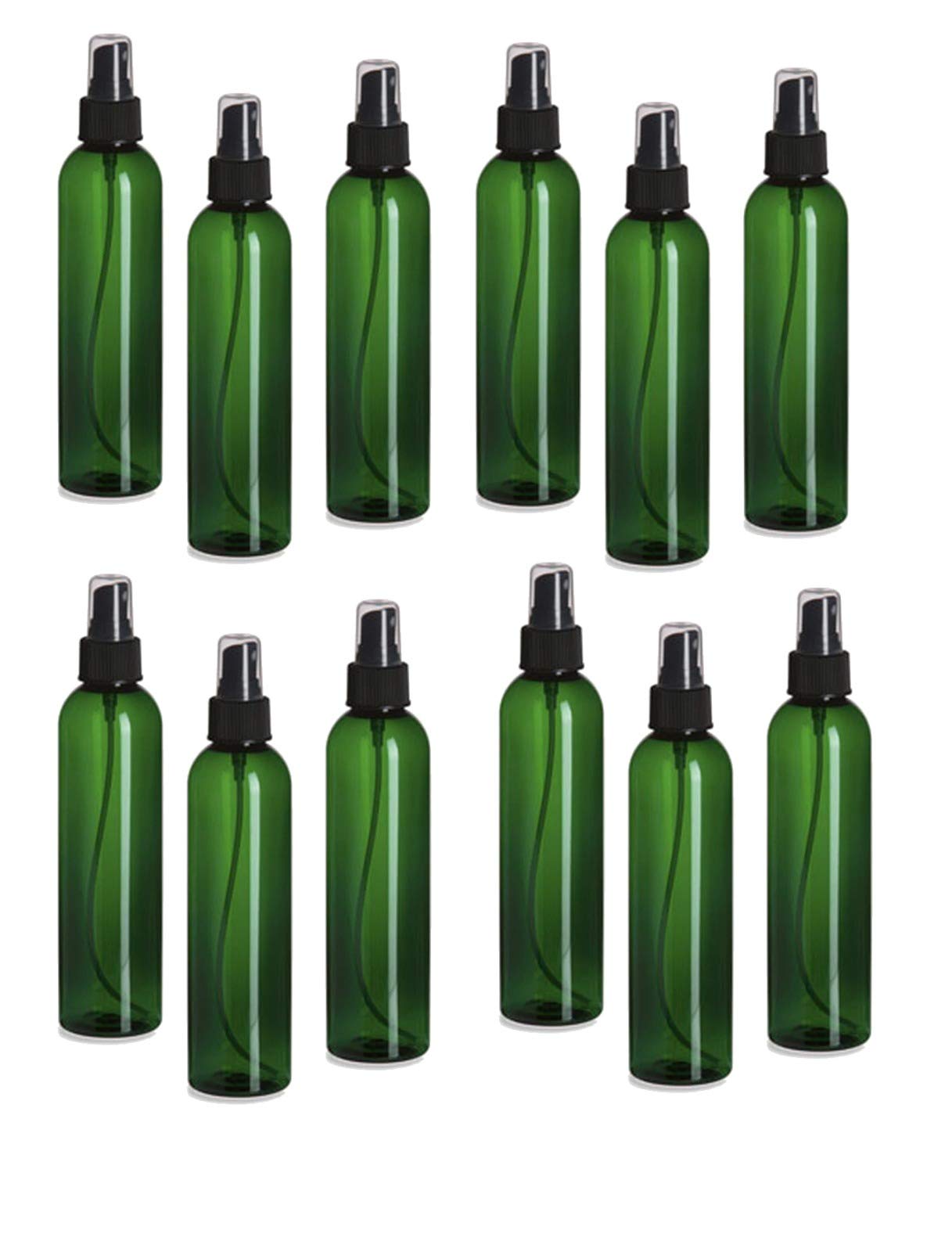 Natural Farms 12 Pack  8 oz Green Cosmo Plastic Bottles  Black Fine Mist Atomizer spray  for Essential Oils, Perfumes