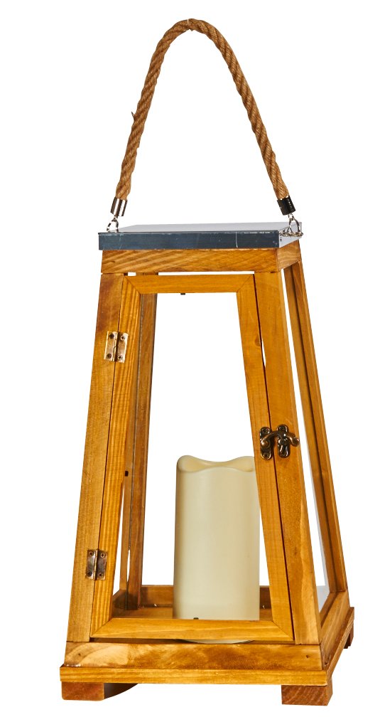 Smart Design 84044-LC Newport LED Candle Lantern, Wooden Lantern With Glass Panels And Rope, Includes Candle Powered By One Ambe