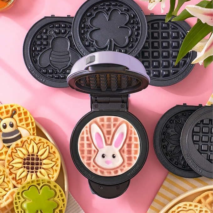 Dash Mini Waffle Maker With 7 Removable Plates-Spring Themed Plates - Bunny Clover Heart With Storage Container Non-Stick Coatin