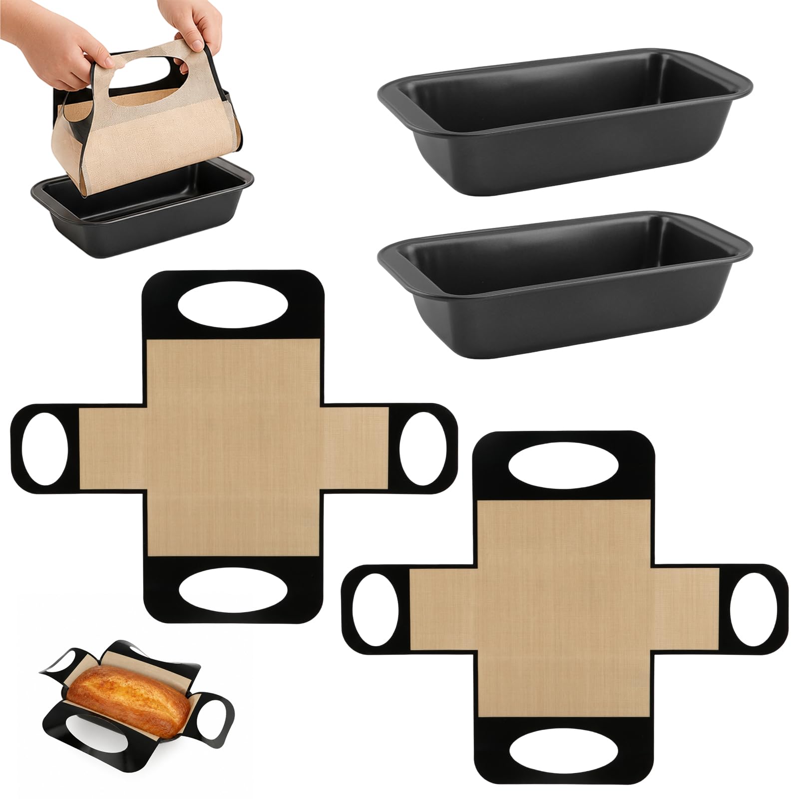2Pack Bread Loaf Pan Set, 8.5 x 4.5 Inner Baking Size Nonstick Carbon Steel Bread Molds with 2 Silicone Bread Sling Liners, f