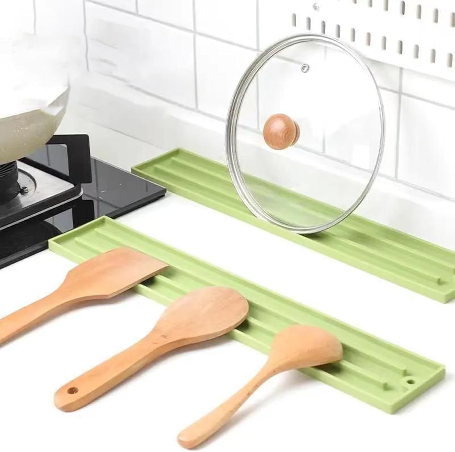 Shivstor 1 Pcs Silicone Kitchen Utensil Holder And Lid Rest Heat Resistant Spoon Rest With Drip Tray Multipurpose Spatula Ladle 