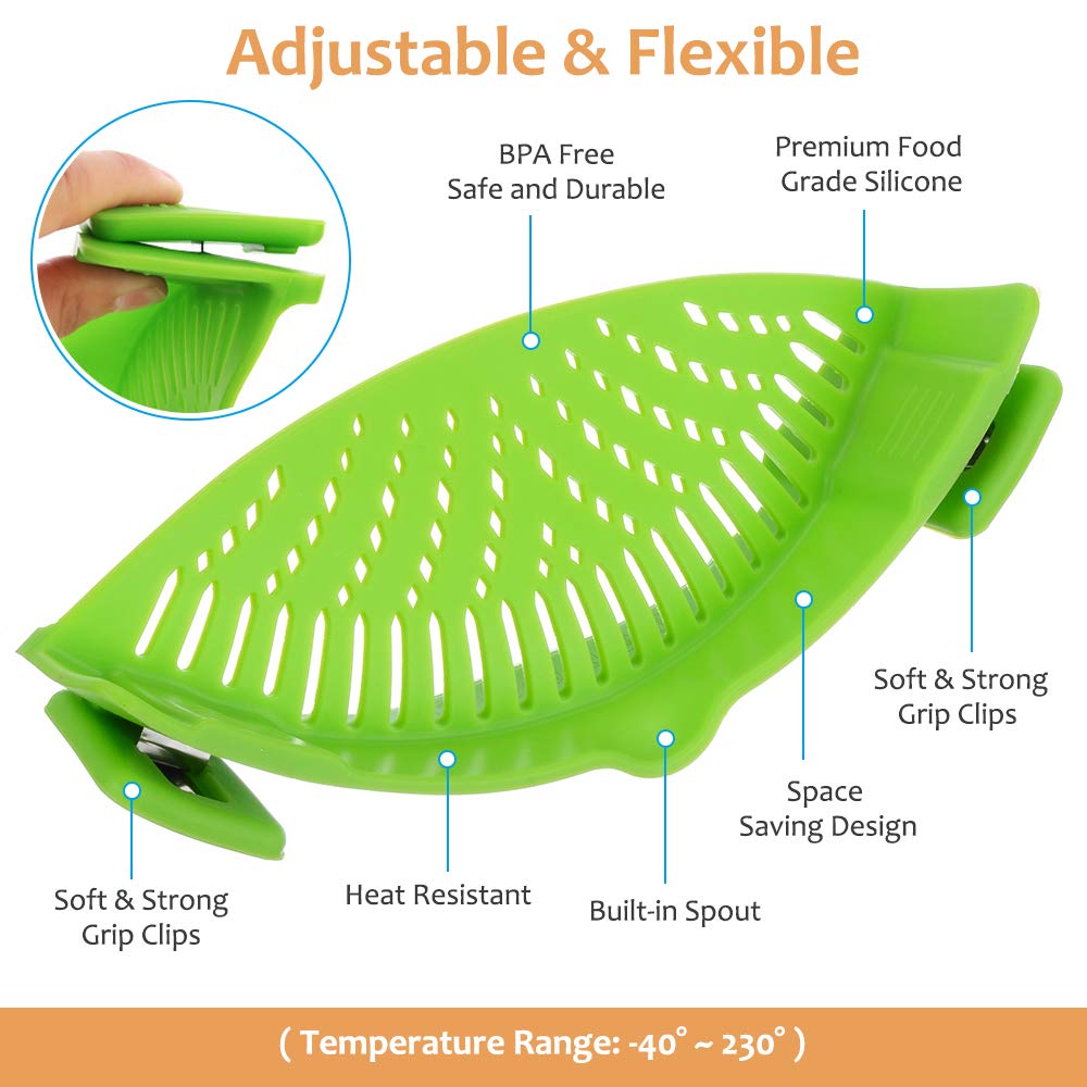 Yevior Clip On Strainer For Pots Pan Pasta Strainer, Silicone Food Strainer Hands-Free Pan Strainer, Clip-On Kitchen Food Strain