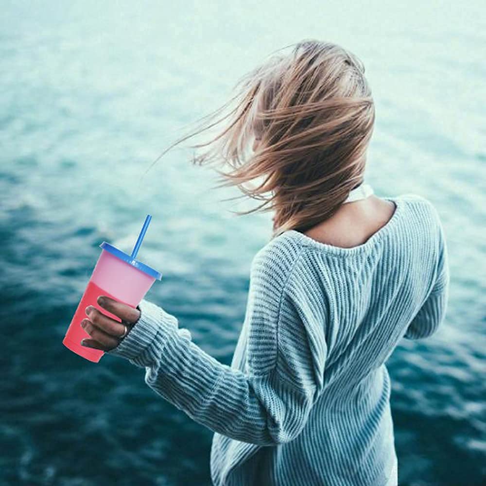 Color Changing Cups Set Cooler 24Oz Reusable Plastic Cold Drink Cups With Lids And Straws For Adults -With Lids And Straws In Br
