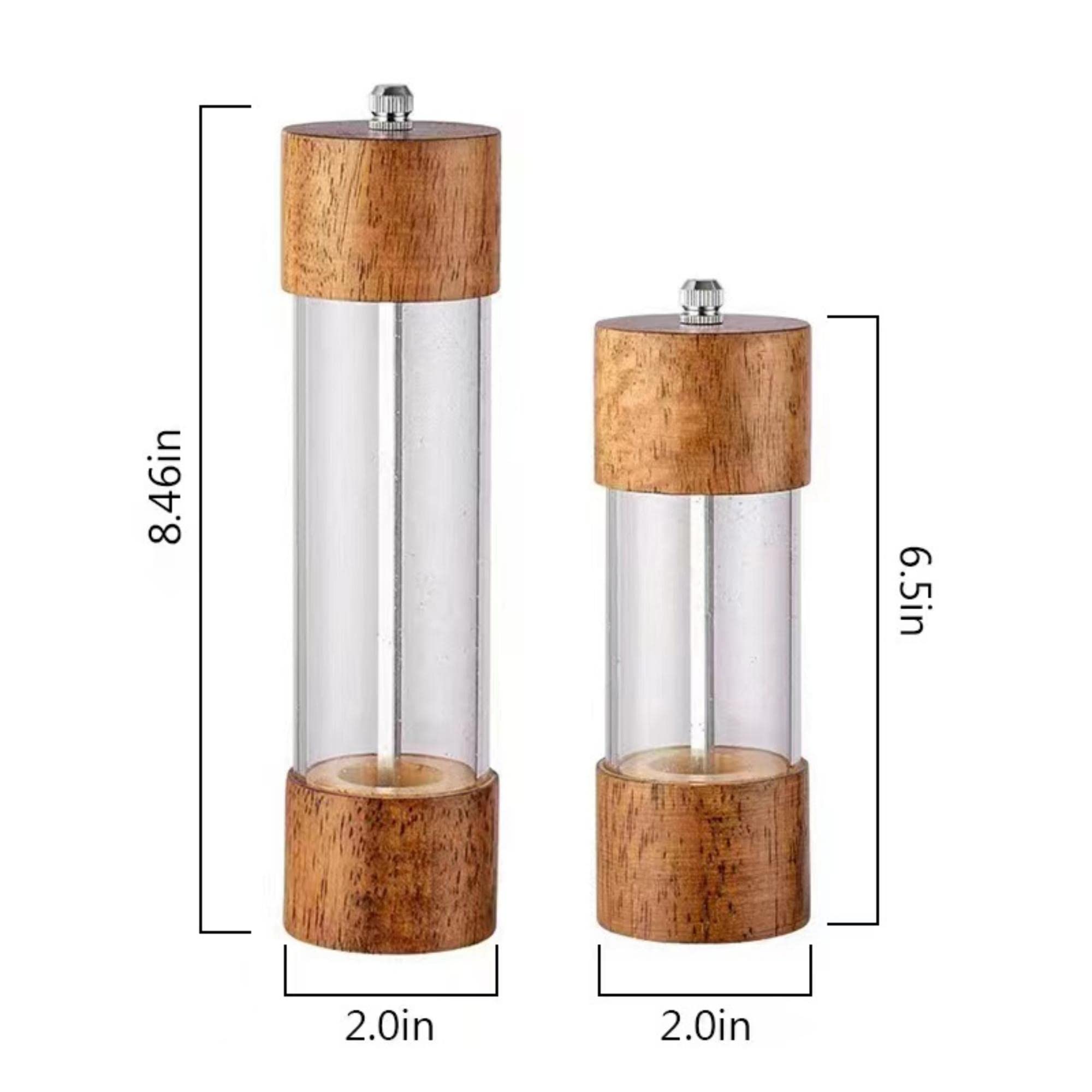 Wooden Salt And Pepper Grinder, 8 Inches Manual Pepper Mills, Wood Shakers With Glass Window, Refillable Hand Spice Dispenser Fo