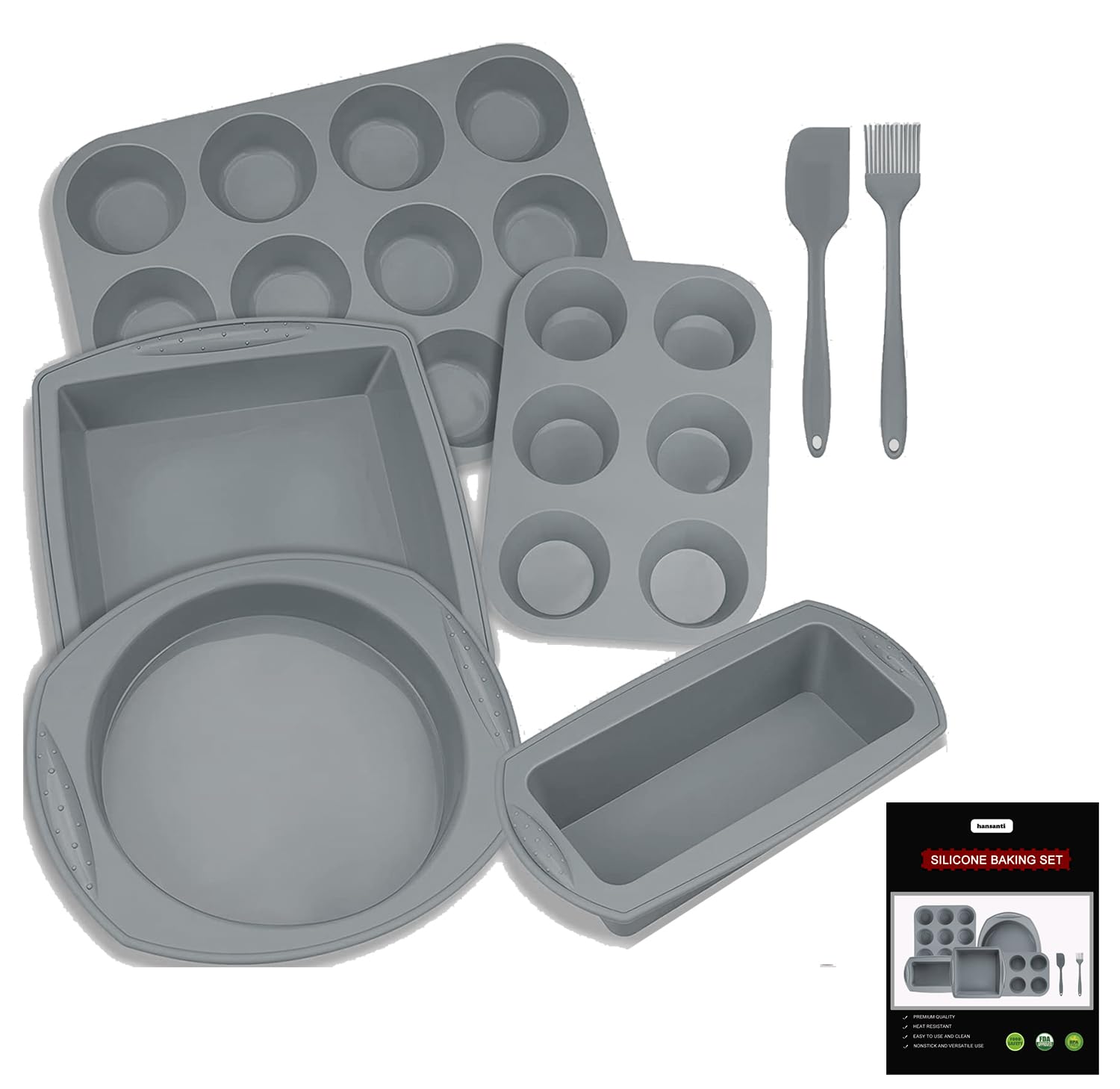Hansanti 7in1 Silicone Bakeware Baking Set, Kitchen Bake Pans Molds Tray for Oven with BPA Free Round/Square Cake Pan, Loaf Pan,
