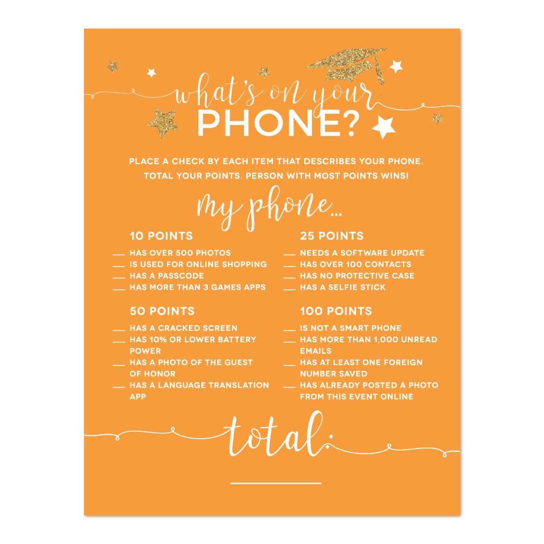 Andaz Press Orange And Gold Glittering Graduation Party Collection, Whats On Your Phone Game Cards, 20-Pack, Games Activities An