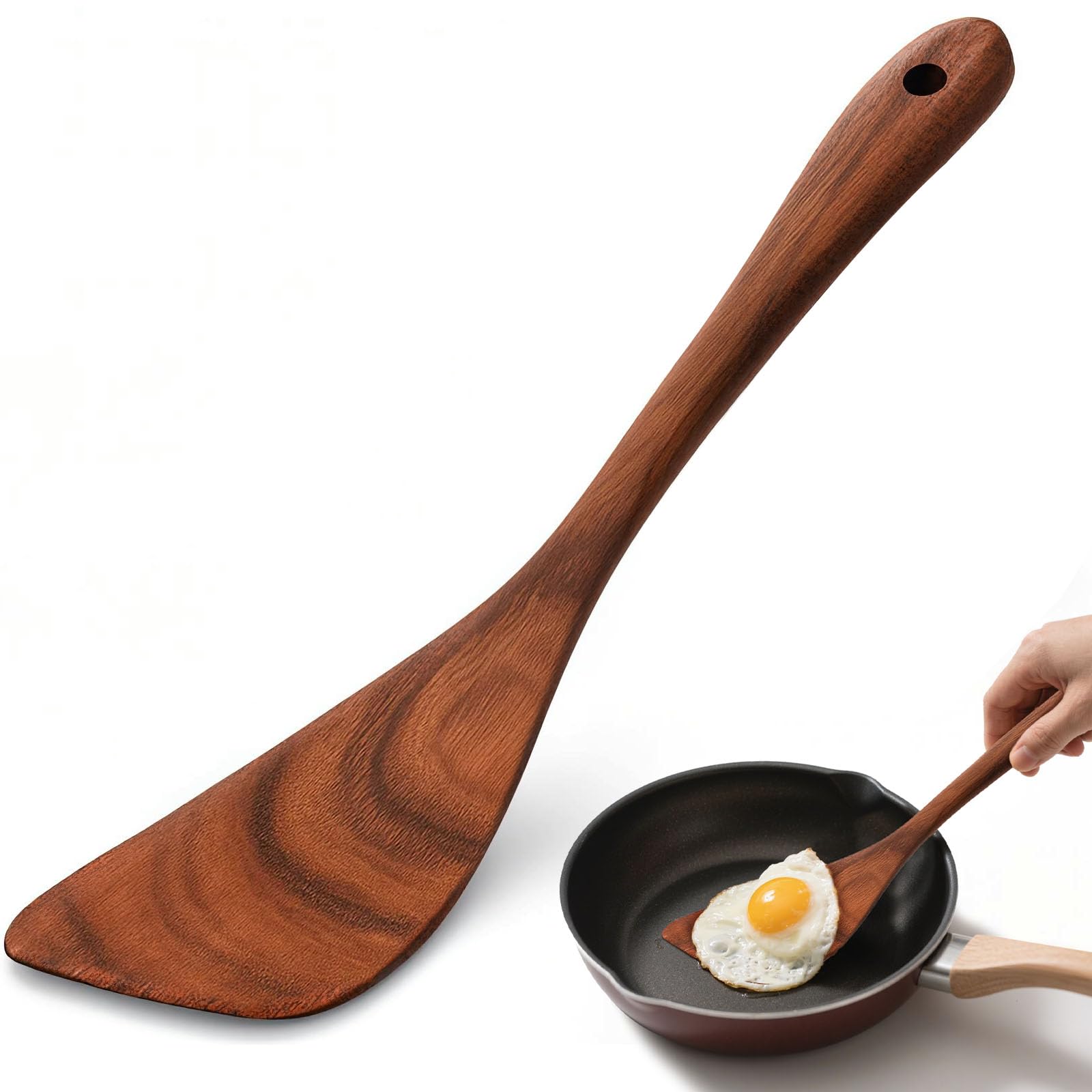 HANSGO Wooden Spatula, 12 Inch Acacia Wood Nonstick Turner, Right Hand Long Handle Flat Frying Spatulas, Kitchen Gift for Mother