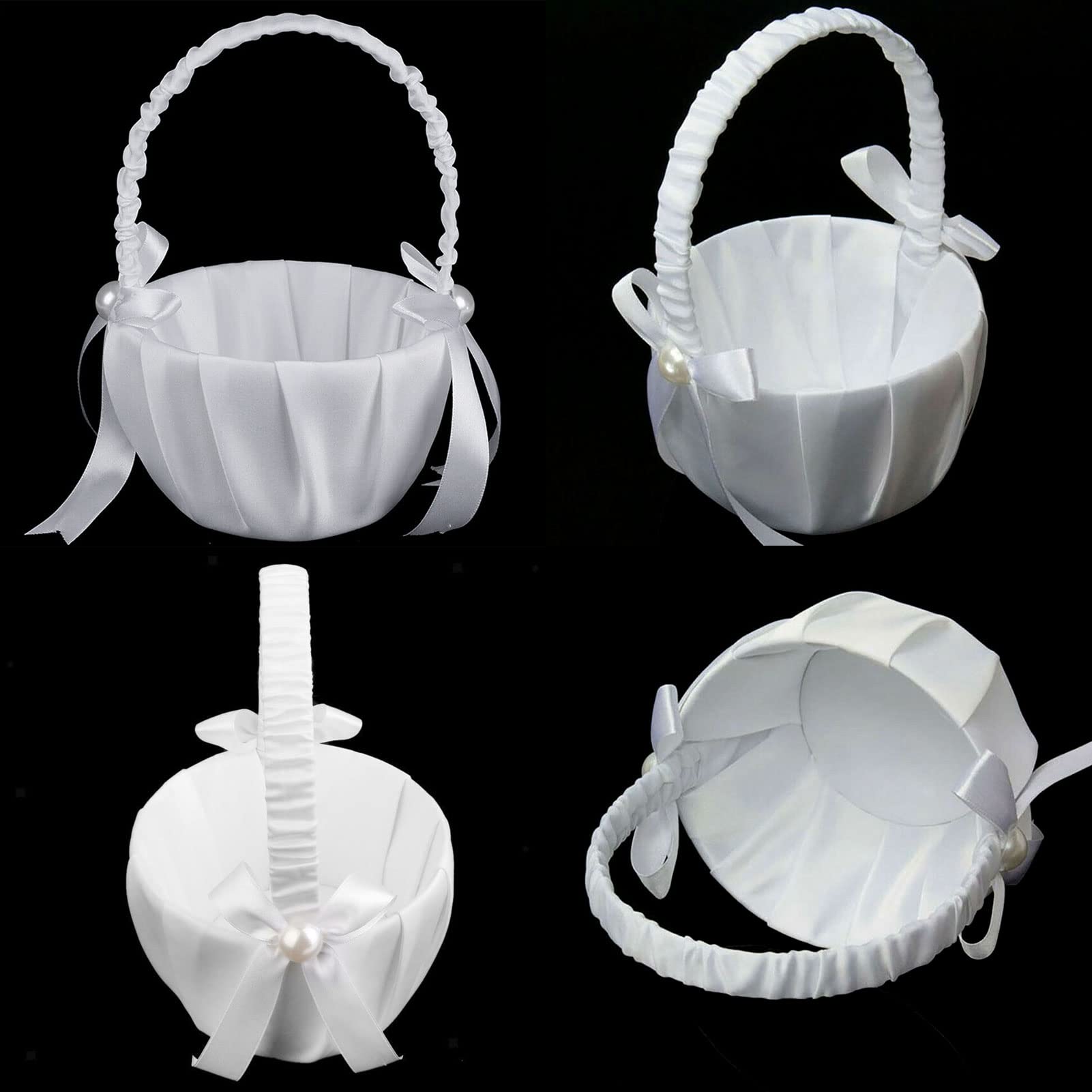 4Pcs Wedding Flower Baskets, White Satin Bowknot Flower Baskets Pearl Collection Flower Girl Baskets For Weddings (Pearl Bow)