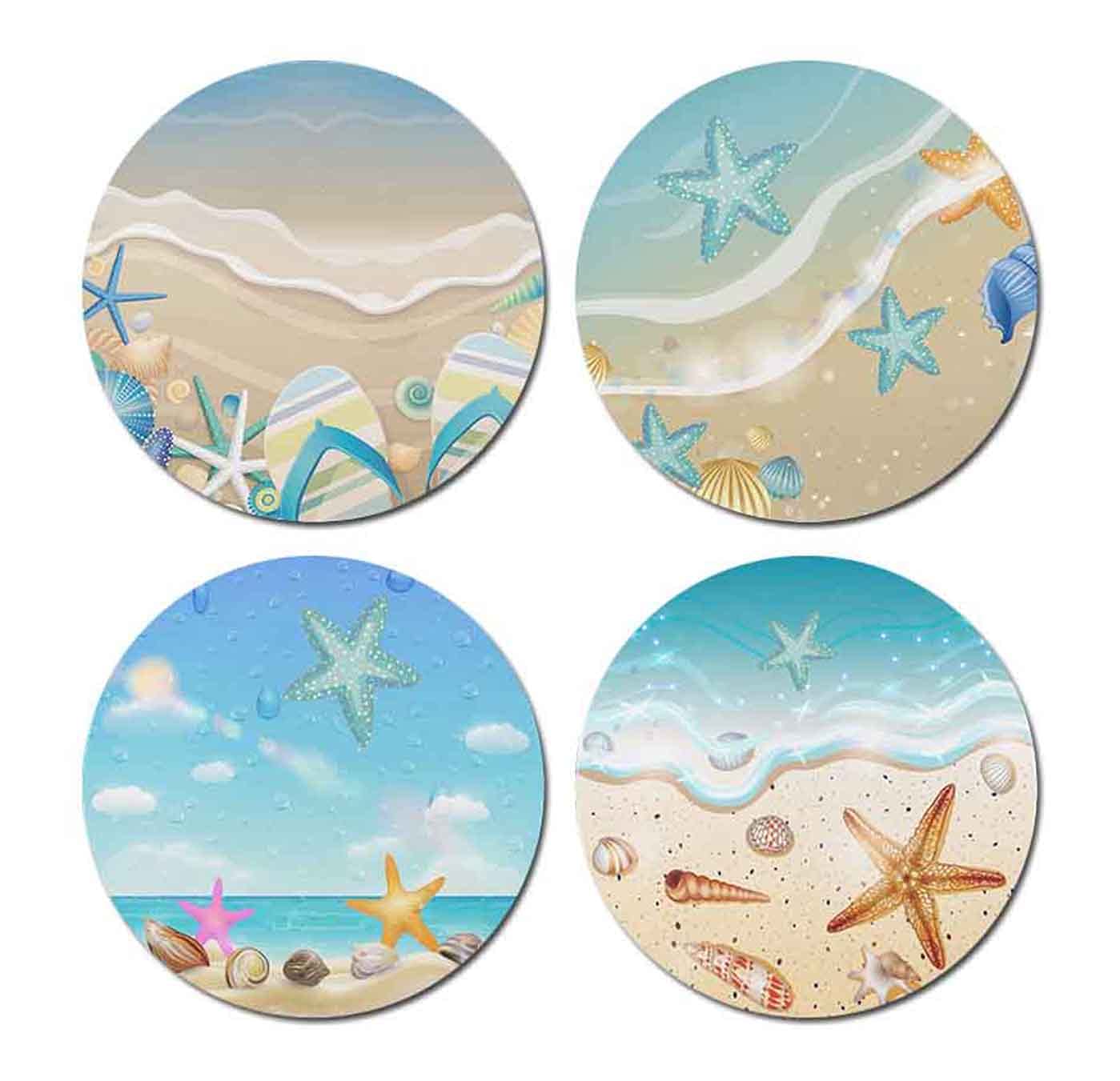 Blue Starfish And Sandy Beach Round Coaster Set Of Drink- Made Of Polyester Fabric And Recycled Rubber Coaster Set - Set Of 4