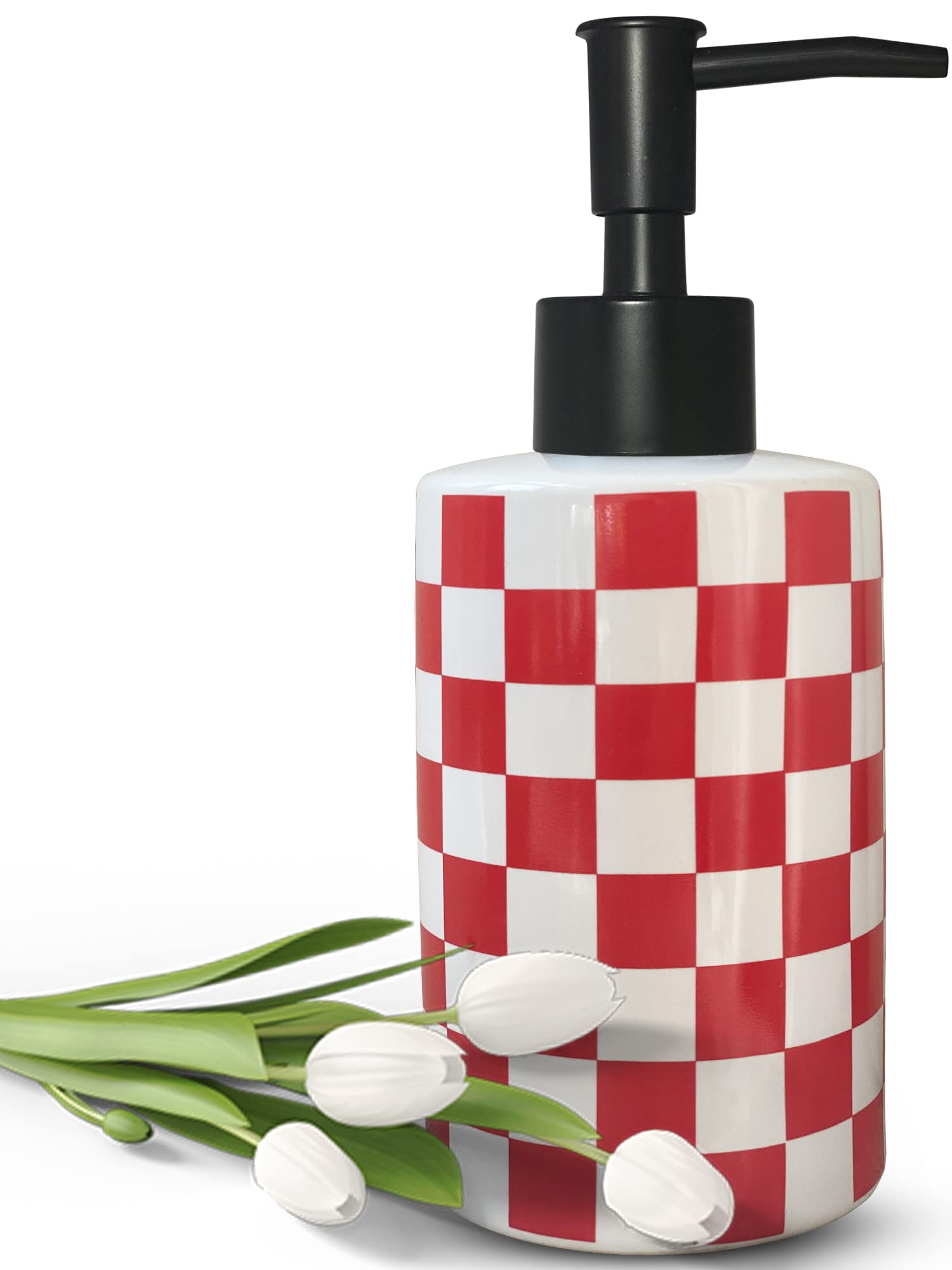 Bathroom Soap Dispenser With Matte Black Pump White Ceramic Soap Dispenser For Kitchen Checkerboard Empty Pump Bottle (Red)