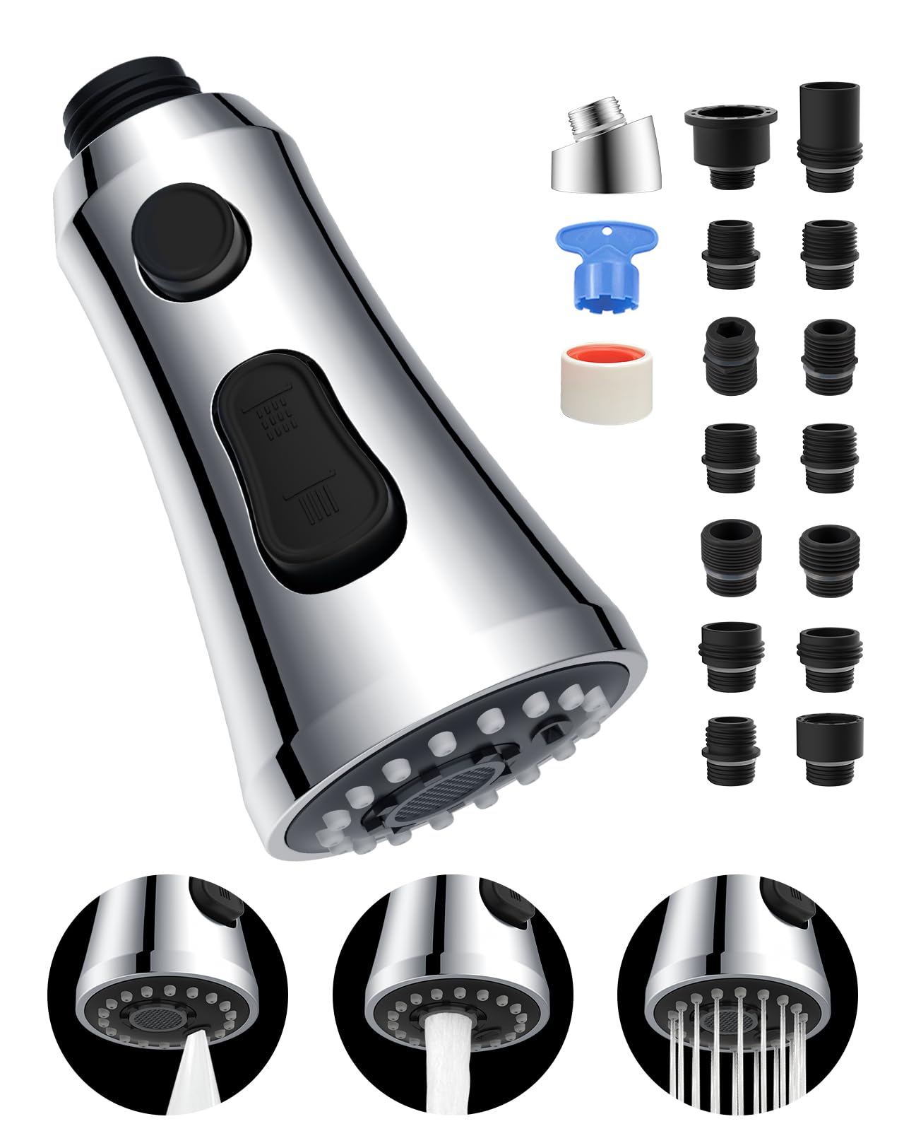 Universal Chrome Faucet Head Replacement With 15 Adapters Compatible With Moen Delta Faucet Head, 3 Function Pull Down Kitchen S