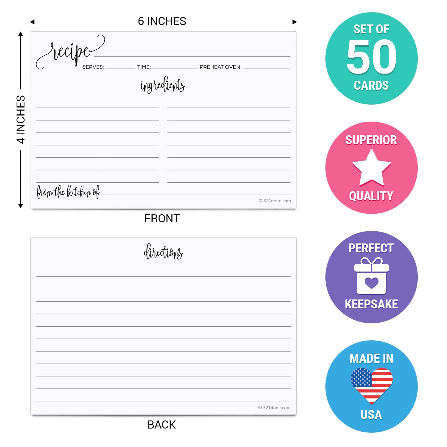 321Done Recipe Cards with From the Kitchen Of (Set of 50) 4x6 - Black and White Modern Minimalist  Large Double-Sided for Weddings  Bridal Shower - Made in USA