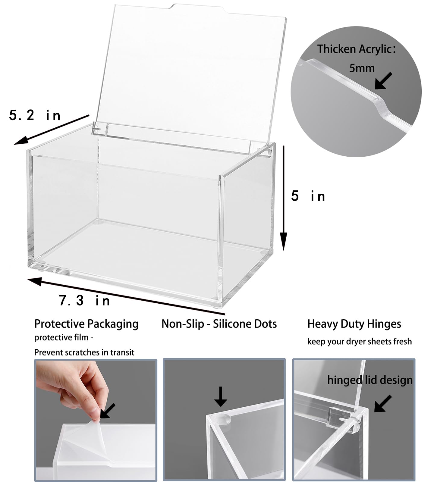 Rejomiik Thick Acrylic Dryer Sheet Holder Clear Container For Laundry Room Organize And Storage, Dispenser For Dryer Sheets, Fab