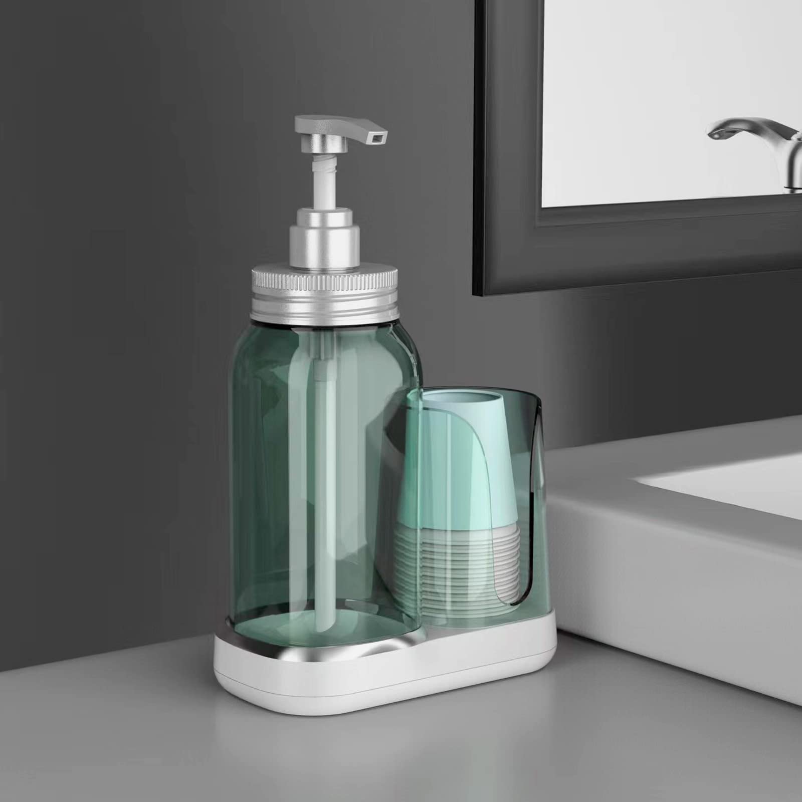 Luvan Mouthwash Dispenser For Bathroom, 25Oz Mouthwash Pump Bottle With Cup Holder, Refillable Clear Blue Mouth Wash Container F
