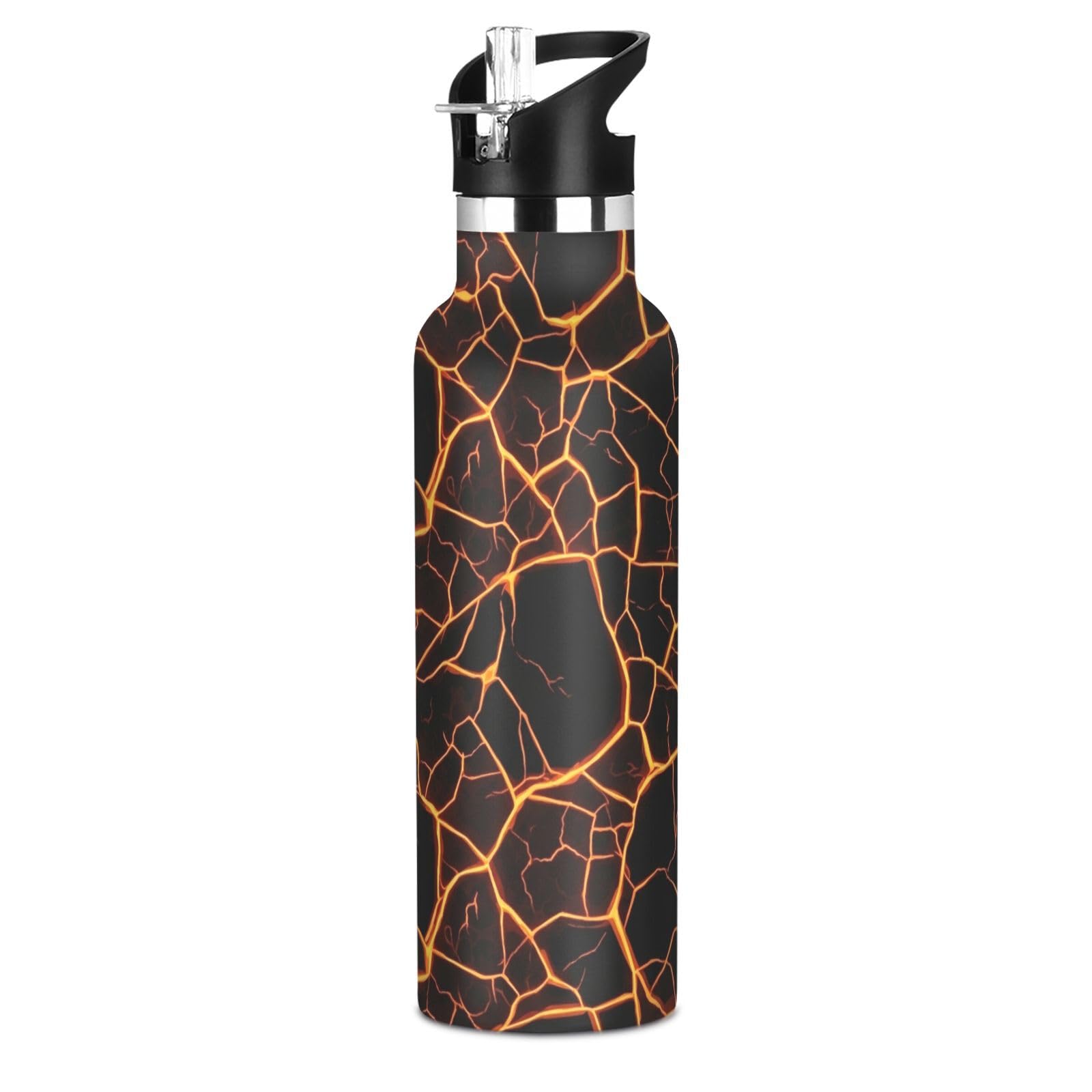 VIGTRO Lava Cracks on Black Kids Water Bottle Vacuum Insulated Stainless Steel Boys Girls Sports Bottle with Straw Lid & Handle 